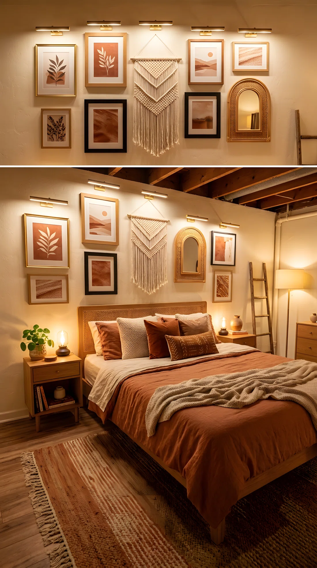 Wide-angle stock photography of a basement bedroom, no windows, an asymmetrical gallery wall above the bed mixing framed art, a woven macrame wall hanging, and a curved rattan mirror, warm picture lights positioned directly above each frame angled downward to highlight texture, terracotta and cream tones, neatly styled bed below, dramatic wide room camera angle, vibrant warm lighting, ultra-detailed photography.
