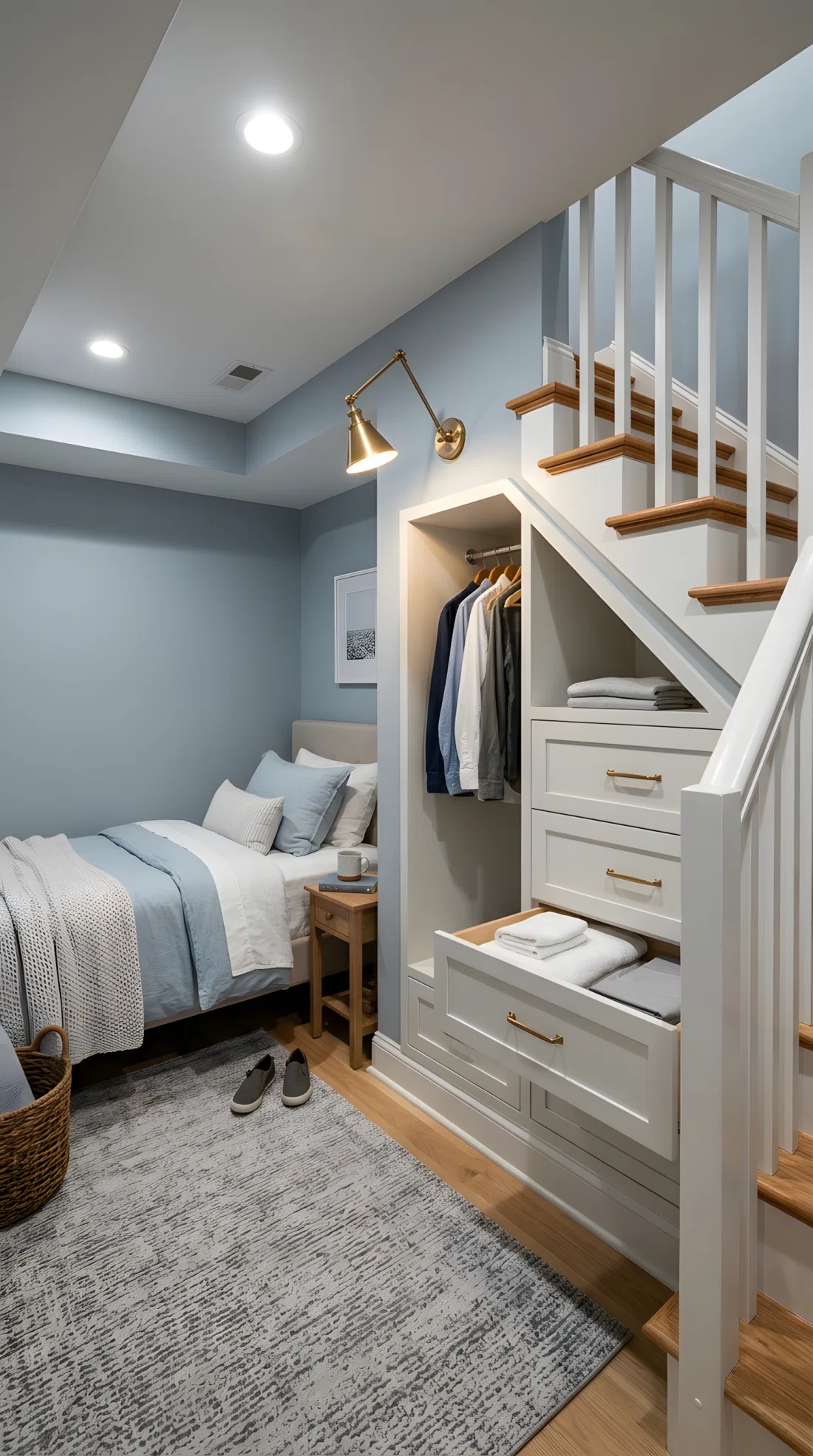 Wide-angle photography of a small basement bedroom, no windows, built-in drawers and a hanging rod fitted into the triangular space beneath a staircase, drawer fronts painted to match the wall trim, a small reading lamp positioned above the storage nook angled downward, soft blue-gray and white tones, neatly organized folded linens visible in one open drawer, dramatic wide room camera angle, stock photography style, ultra-detailed.