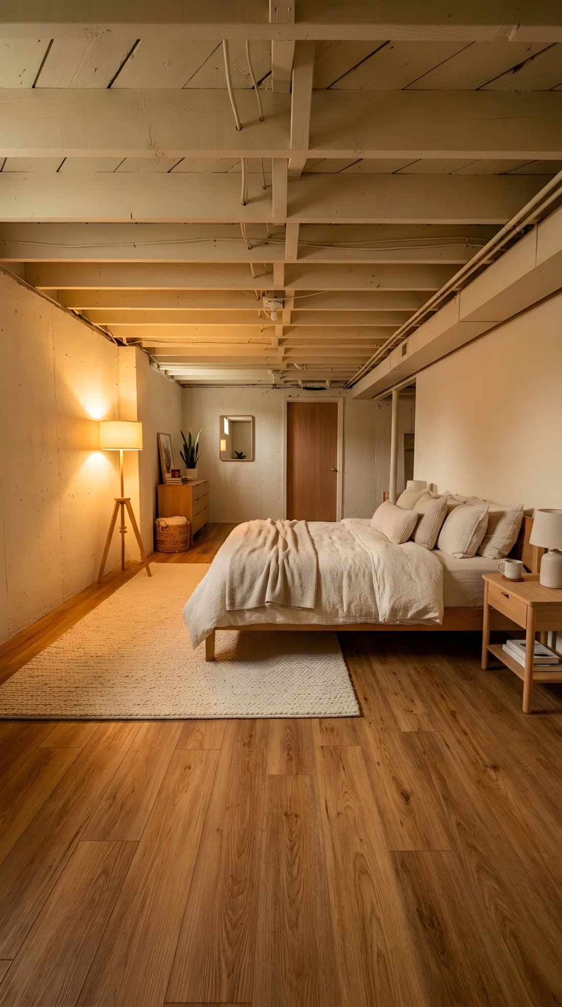 Wide-angle stock photography of an unfinished basement bedroom, no windows, warm honey-toned engineered vinyl plank flooring partially covered by a thick cream area rug beside the bed, low floor lamp positioned in the corner casting warm light across the wood grain, natural wood and cream tones, neatly made bed, exposed painted ceiling beams, dramatic wide room camera angle, ultra-detailed photography.