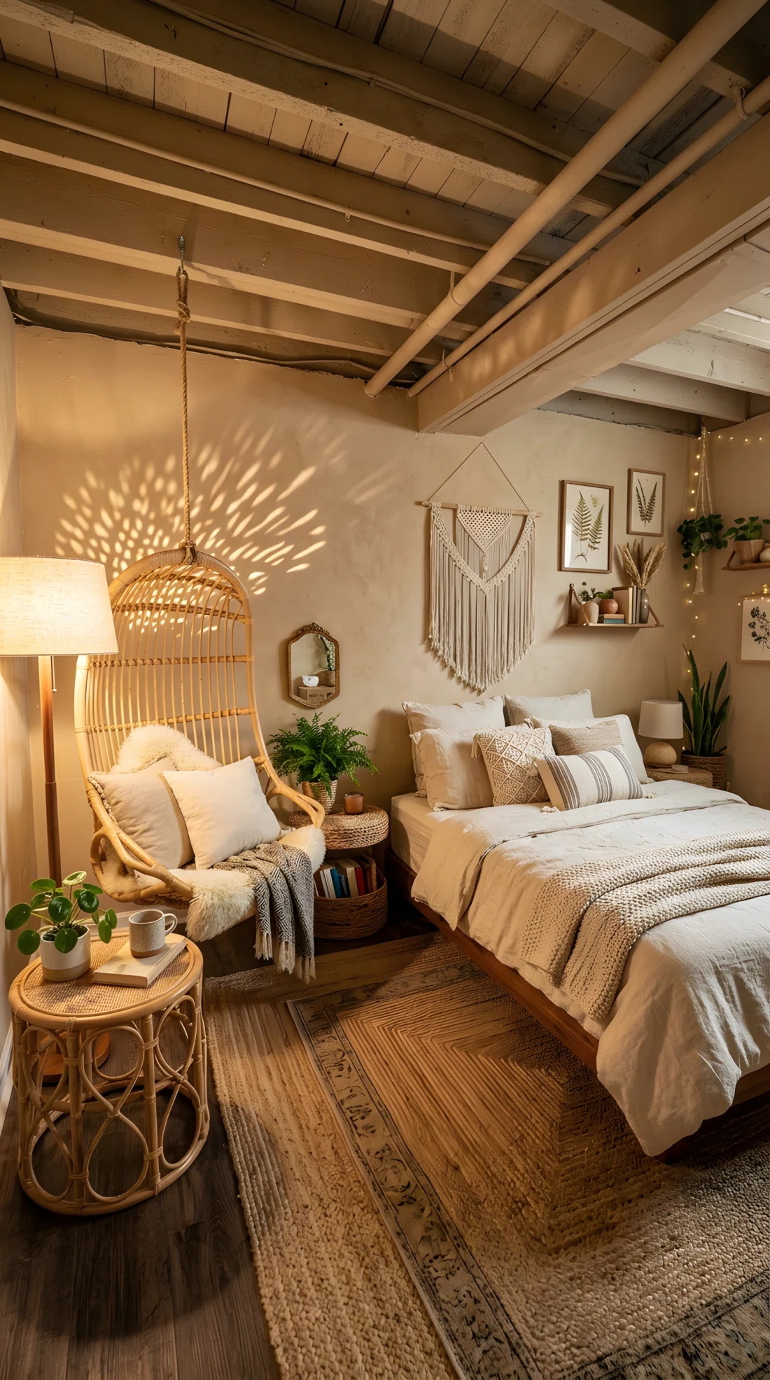 Wide-angle photography of a boho basement bedroom, no windows, natural rattan hanging chair positioned in the corner, unbleached linen bedding, woven rattan side table, warm floor lamp positioned beside the hanging chair angled upward through the rattan weave to cast dappled shadow patterns, sandy beige and warm cream tones, neatly arranged textiles, dramatic wide room camera angle, stock photography style, ultra-detailed.
