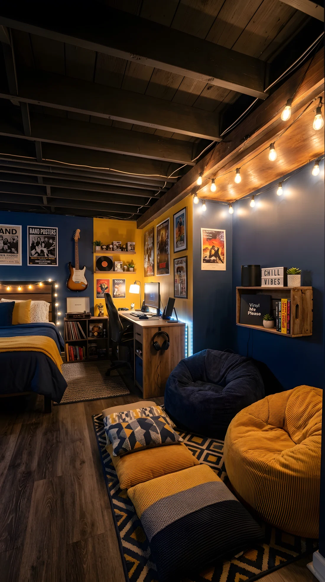Wide-angle photography of a teen basement bedroom, no windows, low bean bag seating corner with a small wall-mounted speaker shelf, string of warm fairy lights positioned along the low ceiling edge angled downward to softly light the seating area, deep navy and mustard yellow accent tones, neatly arranged floor cushions, dramatic wide room camera angle, vibrant warm lighting, stock photography style, ultra-detailed.