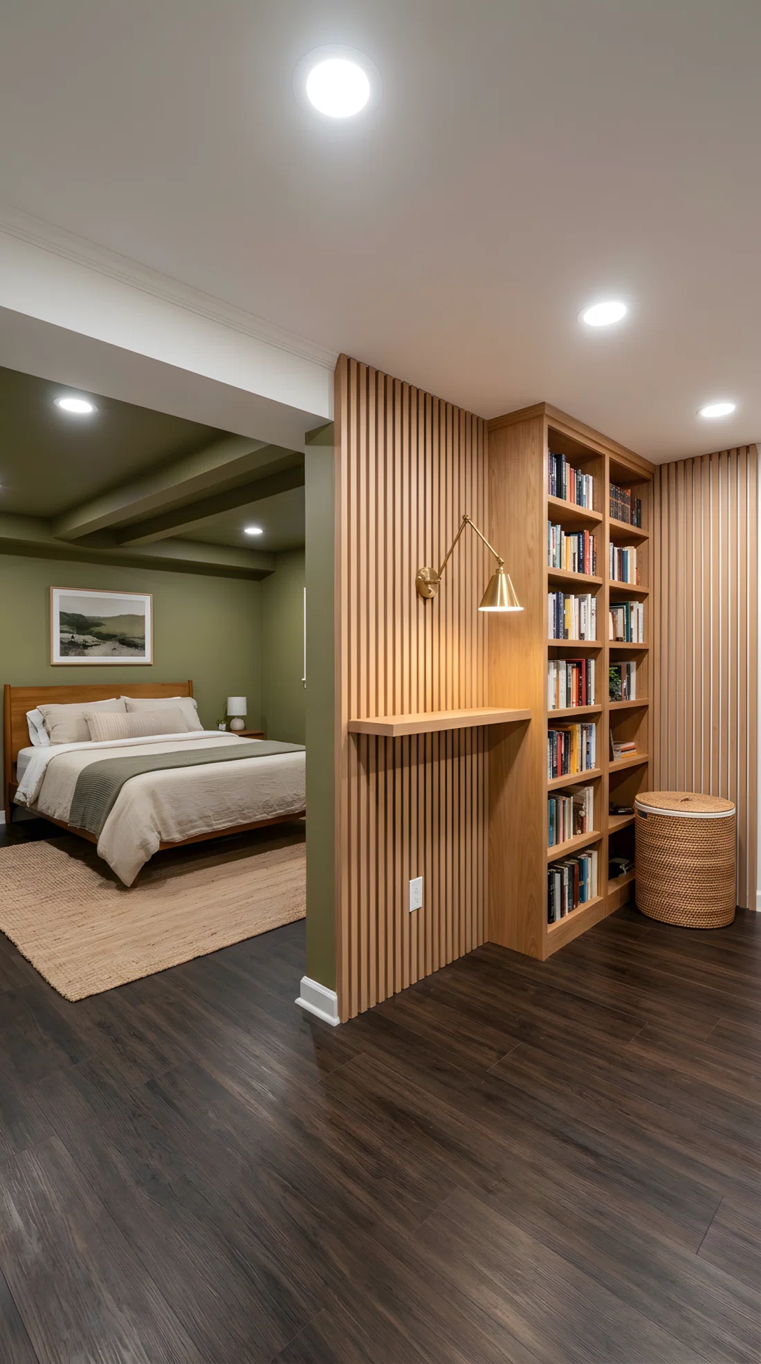 Wide-angle photography of a basement bedroom, no windows, a compact dehumidifier concealed inside a woven rattan basket with ventilation cutouts placed in the corner beside a low slatted wood screen, warm corner lamp positioned above the screen angled downward to soften the utilitarian corner, muted olive and natural wood tones, neatly organized nearby shelving, dramatic wide room camera angle, stock photography style, ultra-detailed.