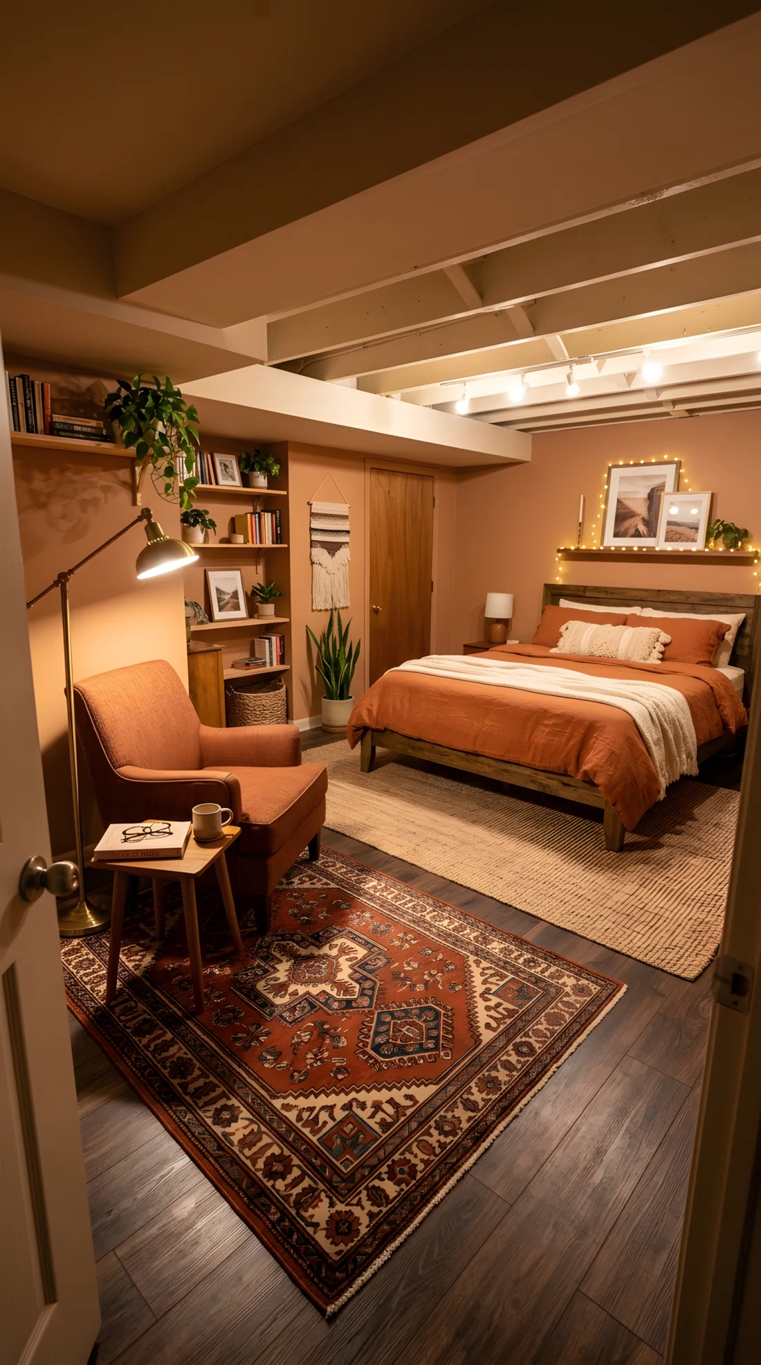 Wide-angle photography of a basement bedroom, no windows, two layered rugs shown clearly zoning the room, a large jute base rug under the bed and a smaller patterned wool rug near a reading chair, warm floor lamp positioned beside the chair angled downward onto the patterned rug, rust orange and natural fiber tones, neatly styled seating area, dramatic wide room camera angle, vibrant warm lighting, stock photography style, ultra-detailed.