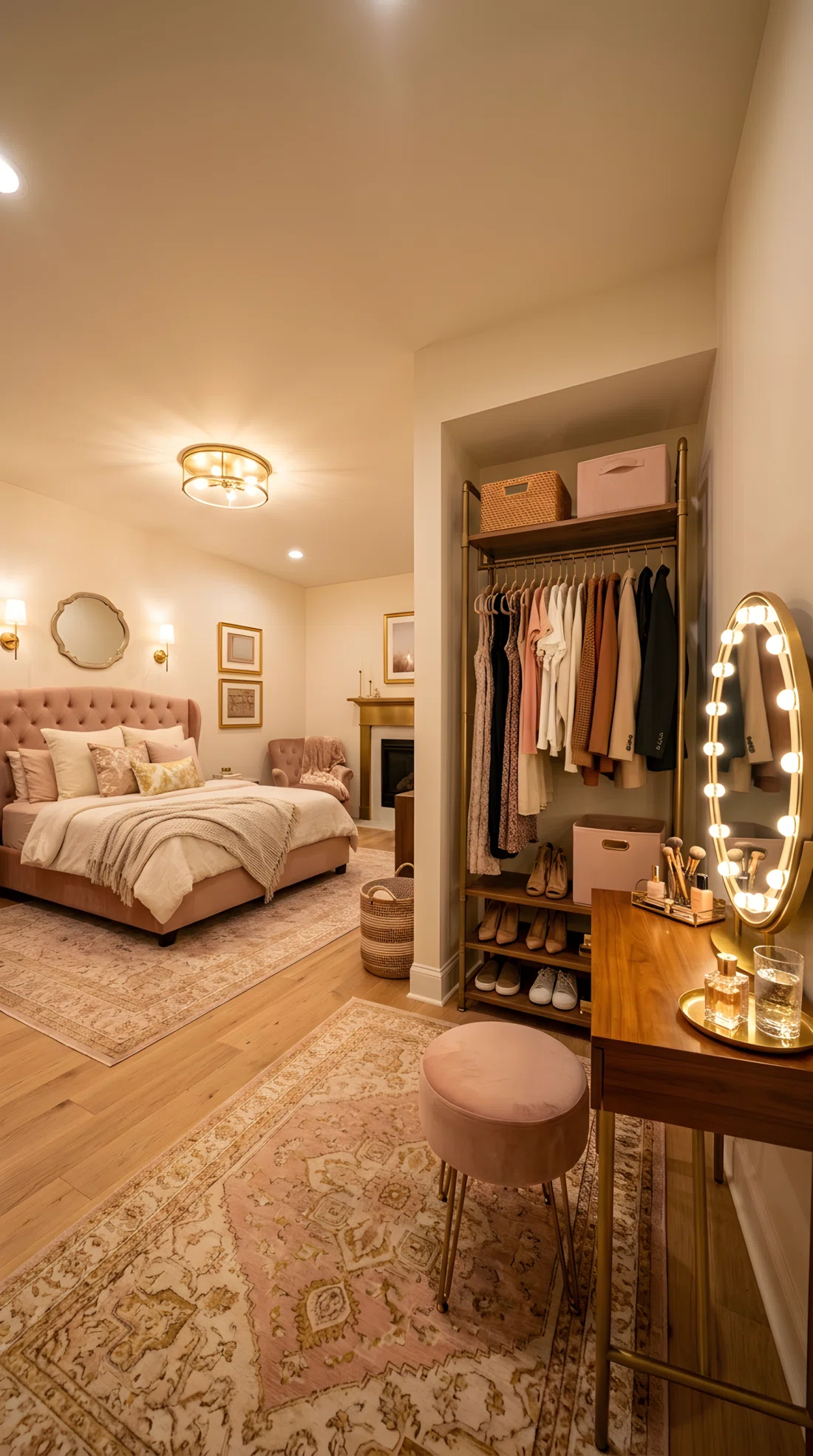 Wide-angle photography of a basement master suite bedroom, no windows, a dedicated closet corner with an open brass wardrobe rack, a round vanity mirror on a small table with a stool, vanity mirror lights positioned directly around the mirror frame for even face-level lighting, blush pink and brass tones, neatly hung clothing visible on the rack, dramatic wide room camera angle, vibrant warm lighting, stock photography style, ultra-detailed.