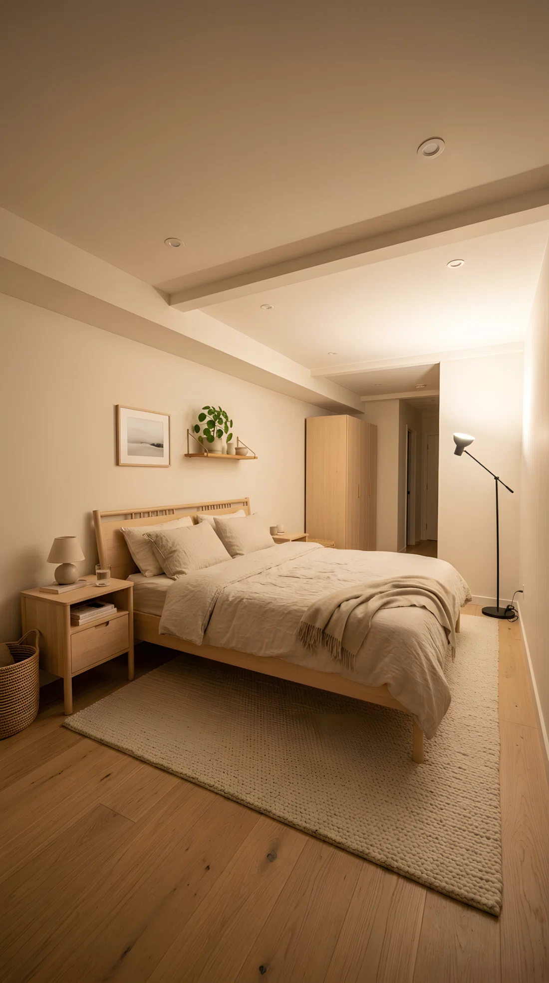 Wide-angle photography of a Scandinavian basement bedroom, no windows, light birch wood bed frame and nightstands, walls painted soft warm white (RGB 245,241,232), pale oatmeal linen bedding, a floor lamp positioned beside the bed angled upward to bounce light off the pale wood surfaces, minimal styling, dramatic wide room camera angle, stock photography style, ultra-detailed.