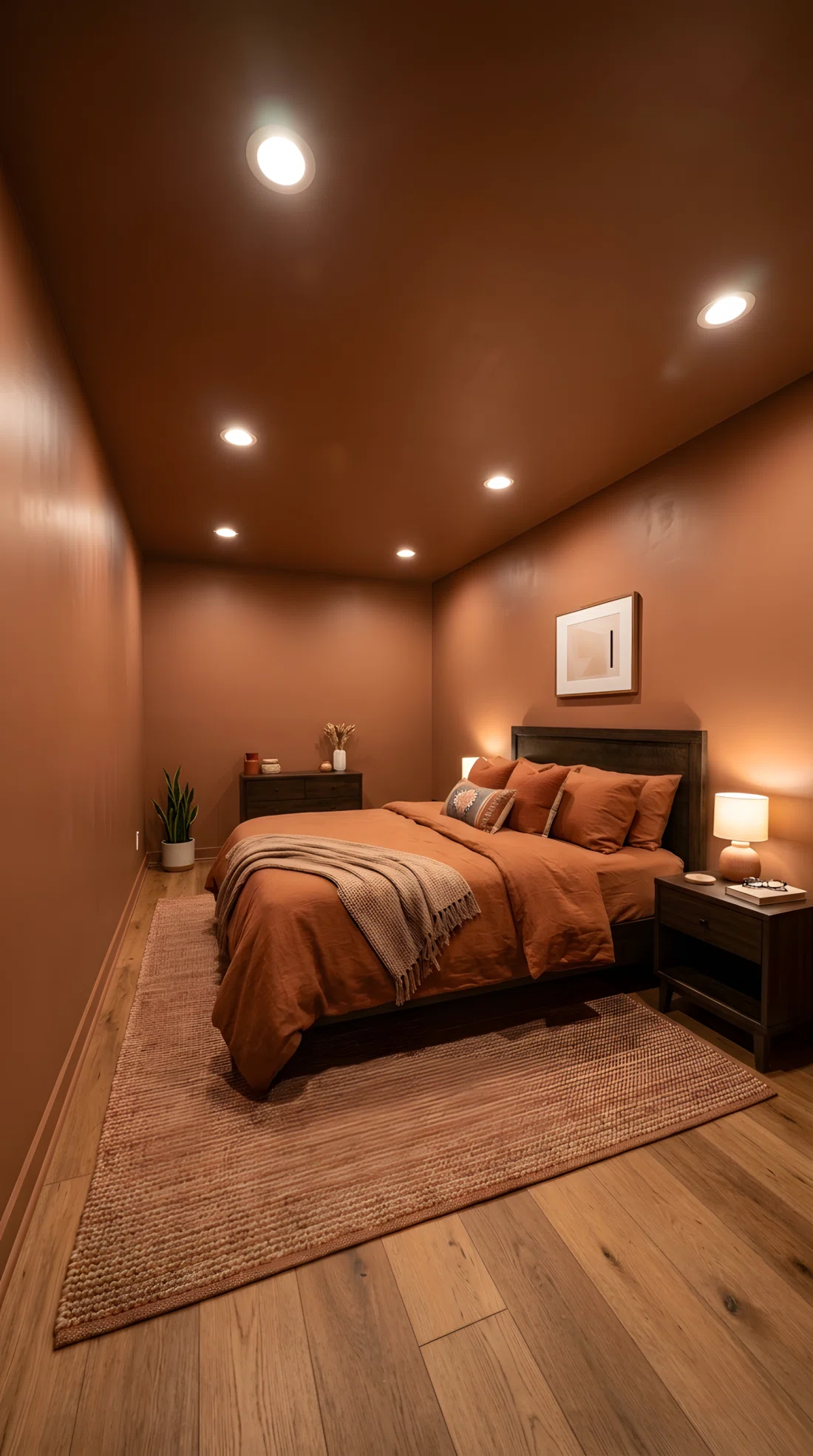 Wide-angle photography of a basement bedroom, no windows, ceiling and walls painted the identical deep clay tone (RGB 168,111,86) with no visible contrast line, recessed lighting positioned flush into the ceiling angled downward to wash the walls evenly, warm terracotta bedding, neatly styled bed, dramatic wide room camera angle, stock photography style, ultra-detailed.