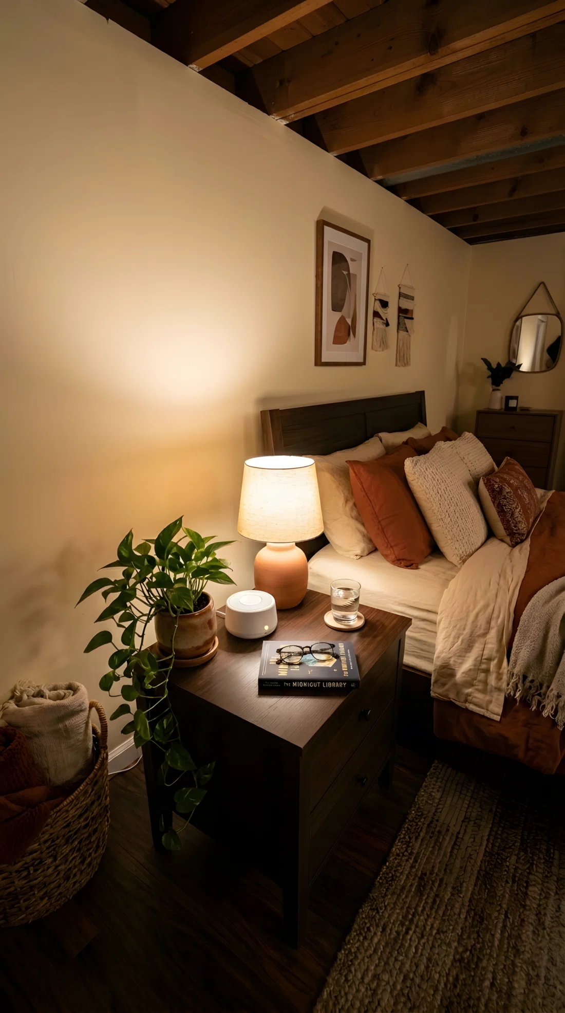 Wide-angle photography of a basement bedroom nightstand styled with a compact white noise machine beside a small ceramic lamp and a trailing plant, lamp positioned low at eye level when lying down for soft reading light, warm cream and terracotta tones, neatly arranged nightstand, dramatic wide room camera angle, stock photography style, ultra-detailed.