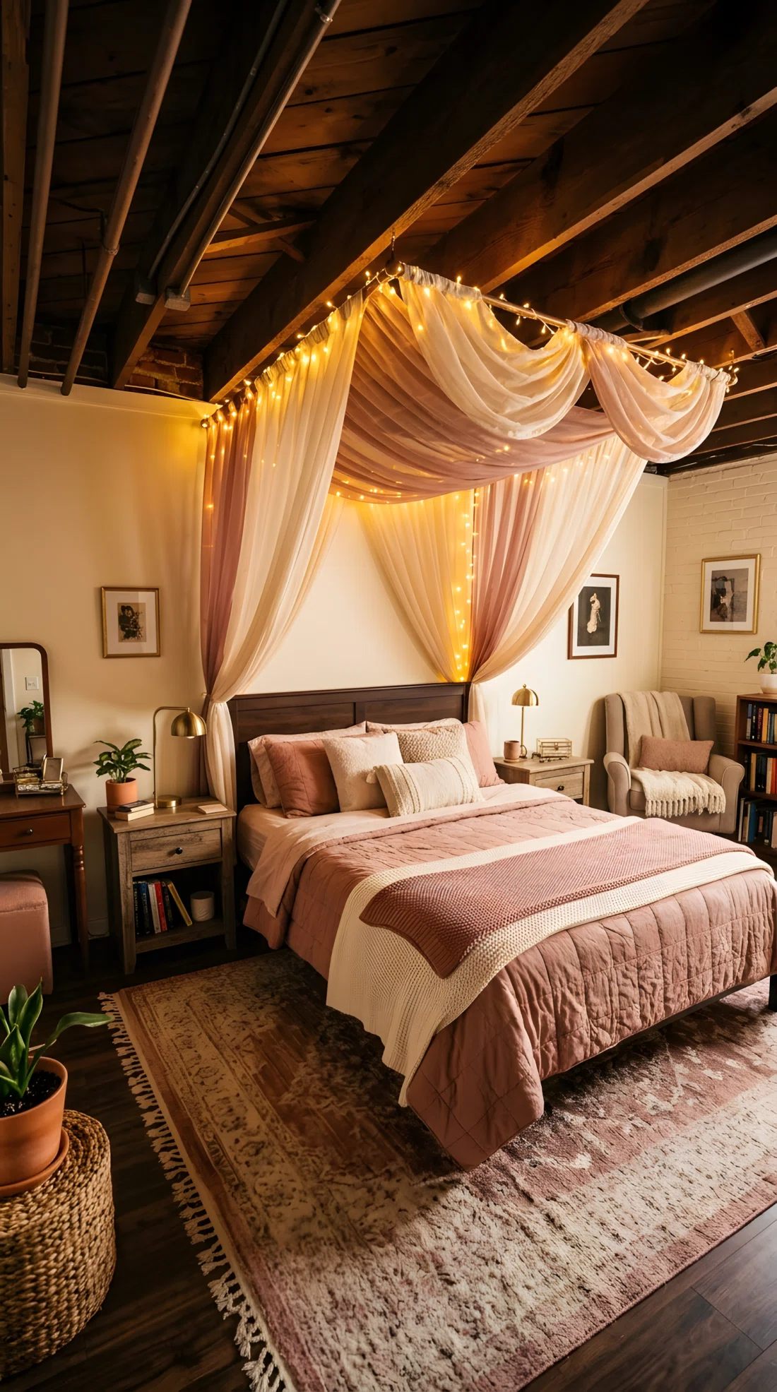 Wide-angle photography of a cozy basement bedroom, no windows, a sheer fabric canopy draped above the headboard from a mounted frame, warm string lights positioned along the canopy frame angled downward to glow through the sheer fabric, dusty rose and cream tones, neatly made bed below, dramatic wide room camera angle, vibrant warm lighting, stock photography style, ultra-detailed.