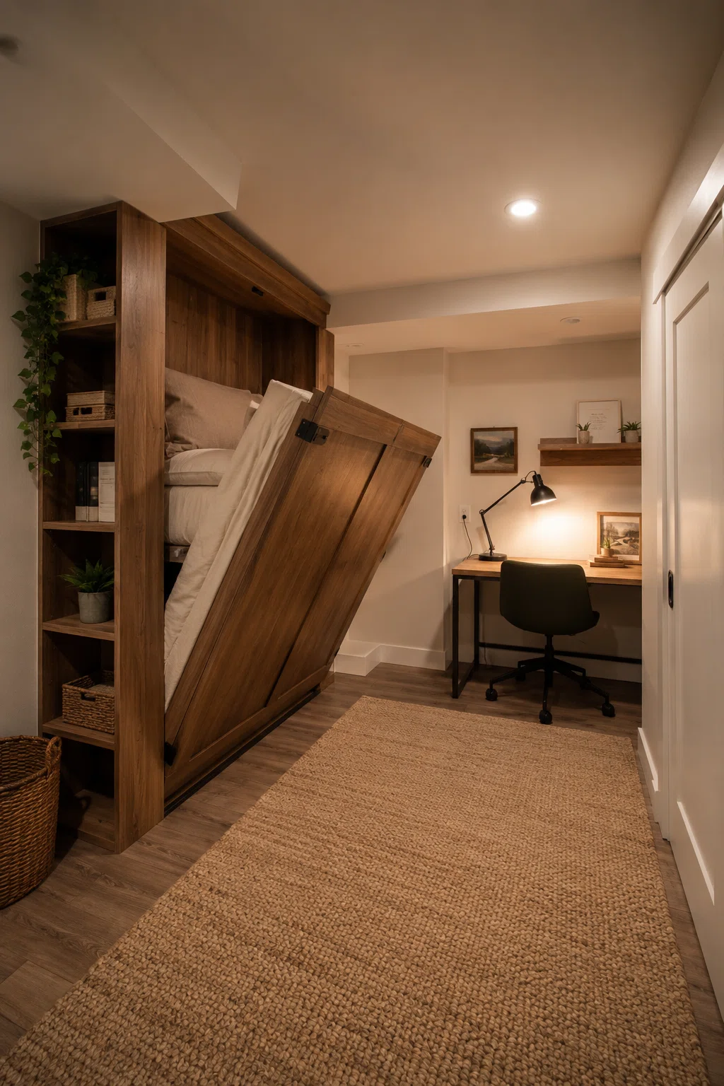 Wide-angle photography of a small basement bedroom, no windows, a wooden murphy bed shown half-folded against the wall revealing open floor space with a small desk setup, warm desk lamp positioned low and angled onto the desk surface, natural walnut and cream tones, neatly organized open shelving beside the bed frame, dramatic wide room camera angle, stock photography style, ultra-detailed.