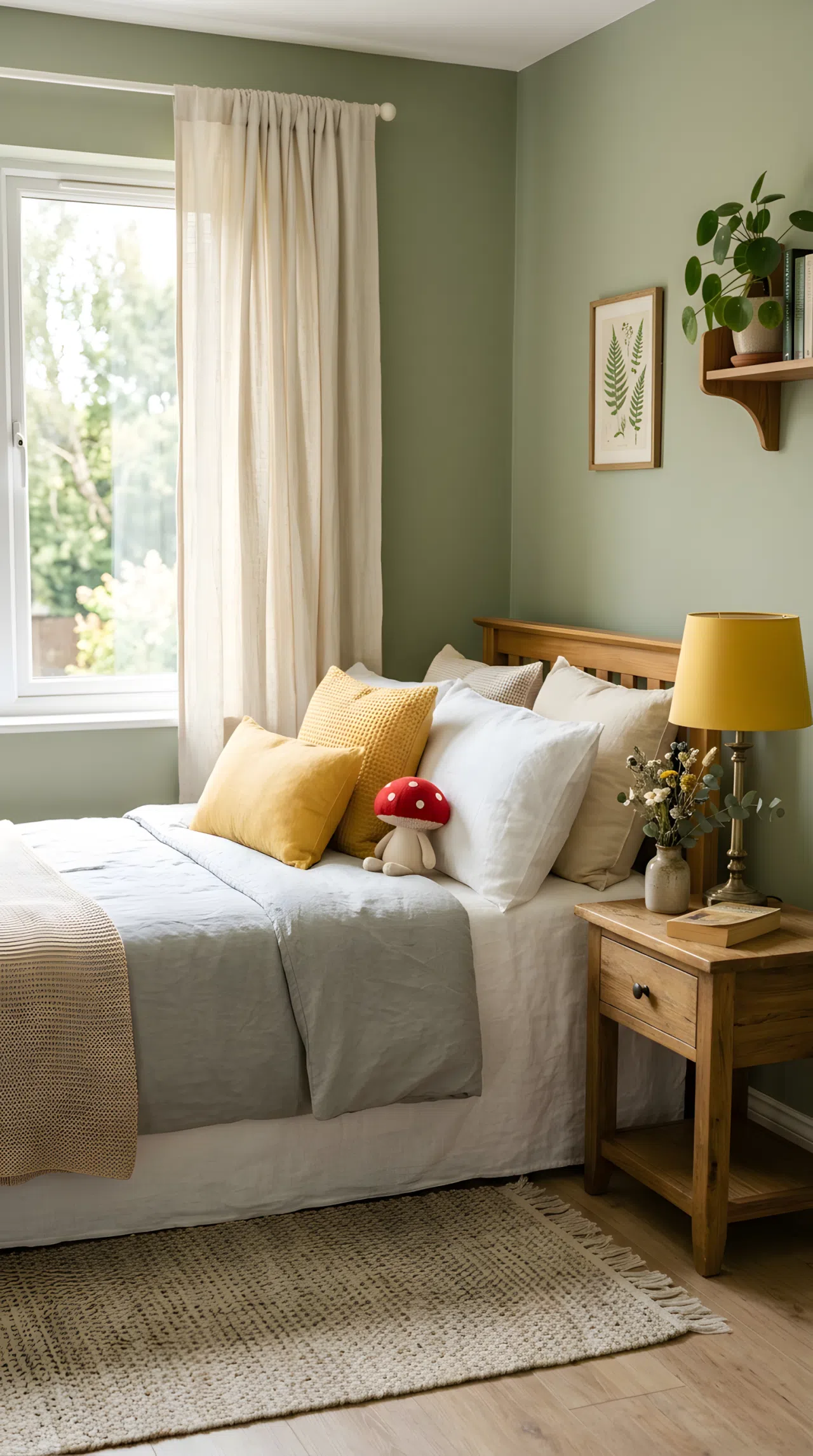 A real-life photograph of a cozy bedroom with sage green walls (RGB 158, 169, 130) and butter yellow accent pillows and a lampshade (RGB 244, 208, 63), a neatly made bed with a small red mushroom toy resting on the pillow, wooden nightstand, soft woven rug, bright natural light streaming through a linen curtain, organized and beautifully arranged, shot in real stock photography style, no people, no text overlays.