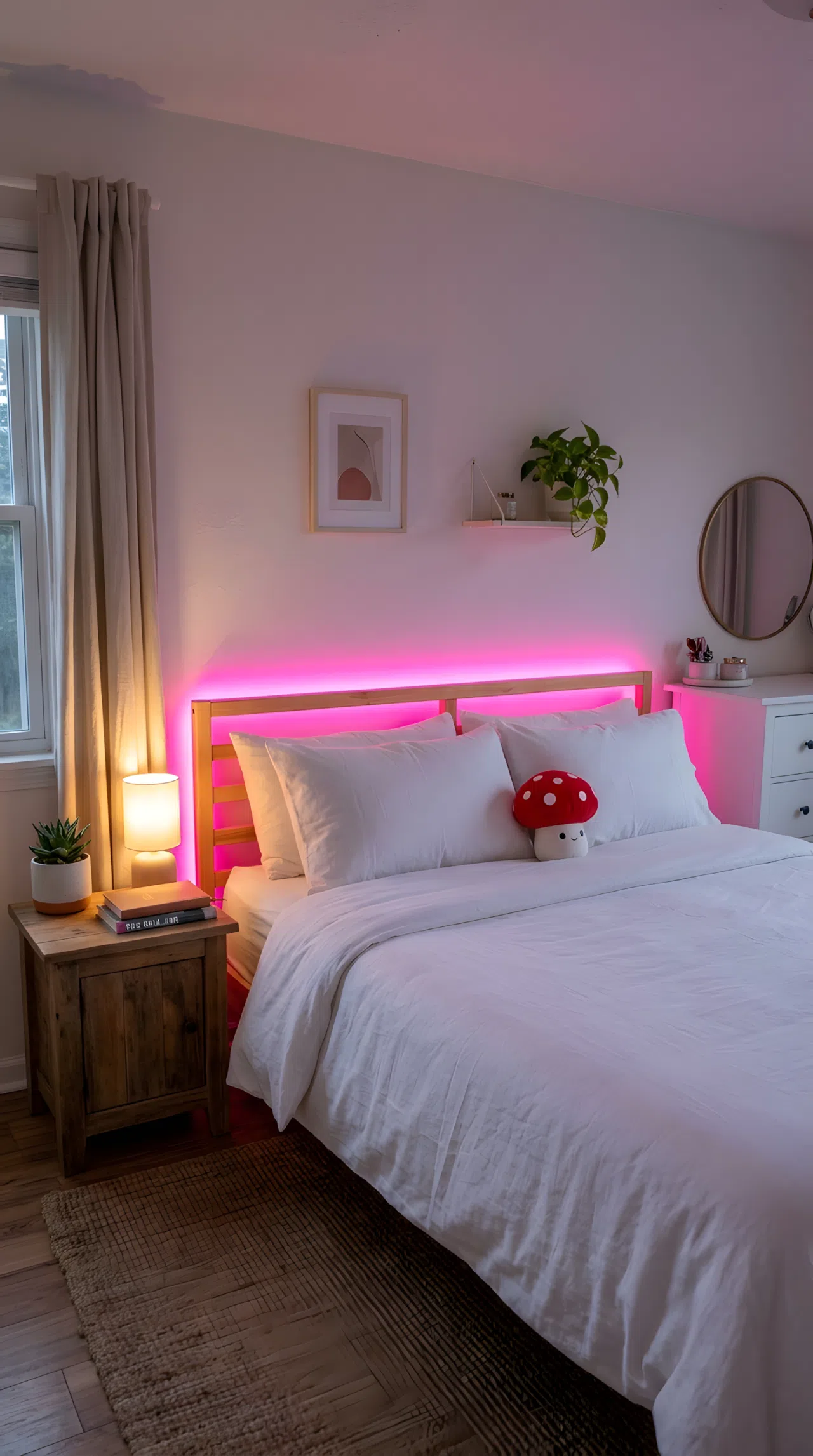 A real-life photograph of a bedroom with soft white walls and a neon pink LED light strip (RGB 255, 20, 147) glowing behind the headboard, a neatly made bed with a small red mushroom toy on the pillow, vibrant color pop against clean white bedding, evening ambient lighting emphasizing the neon glow, organized and beautifully arranged, shot in real stock photography style, no people, no text overlays.