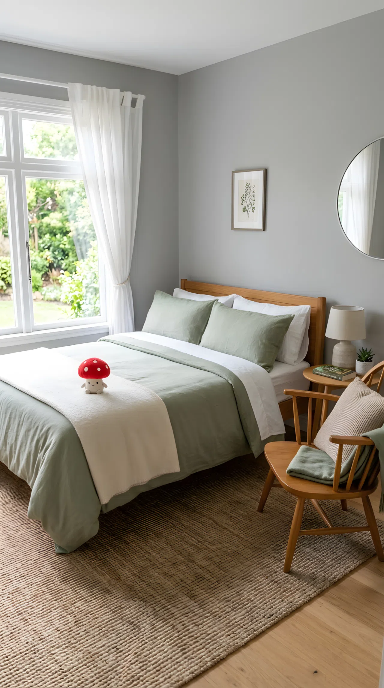 A real-life photograph of a bedroom with soft grey walls (RGB 176, 179, 176) and sage green bedding (RGB 158, 169, 130), a neatly made bed with a small red mushroom toy on the folded throw, wooden accent chair, bright natural light, clean and organized, shot in real stock photography style, no people, no text overlays.