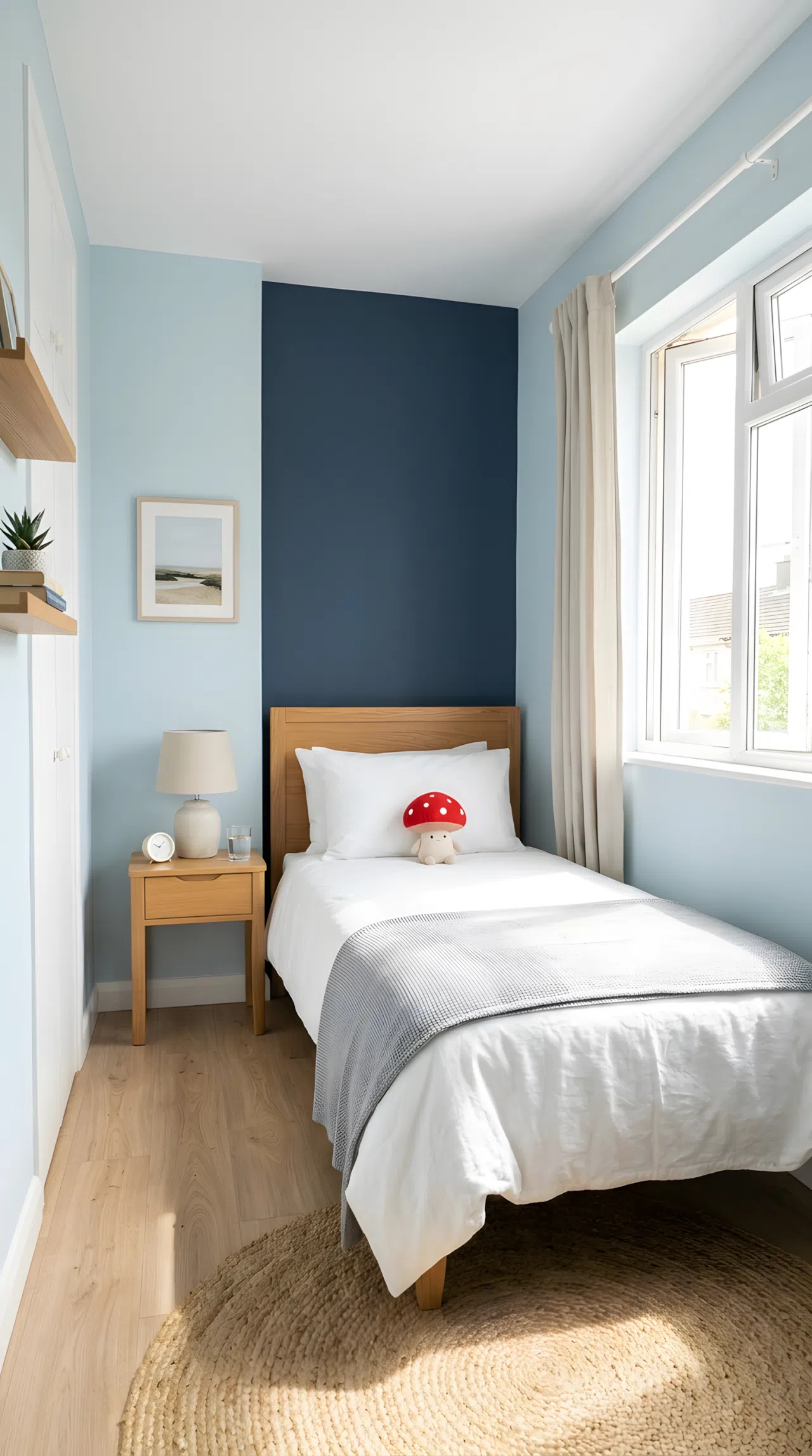 A real-life photograph of a small bedroom with pale sky blue walls (RGB 208, 230, 235) and a single soft navy accent wall behind the headboard, neatly made bed with a small red mushroom toy on the pillow, minimal furniture in matching light tones, bright natural light making the room feel expansive, clean and organized, shot in real stock photography style, no people, no text overlays.