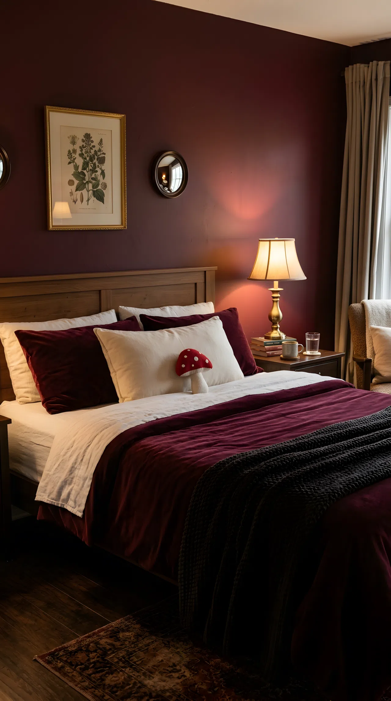 A real-life photograph of a bedroom with deep burgundy walls (RGB 90, 24, 33), brass bedside lamp casting warm layered light, a neatly made bed with a small red mushroom toy on the pillow, velvet bedding, cozy ambient lighting positioned beside the bed rather than overhead, beautifully arranged and organized, shot in real stock photography style, no people, no text overlays.