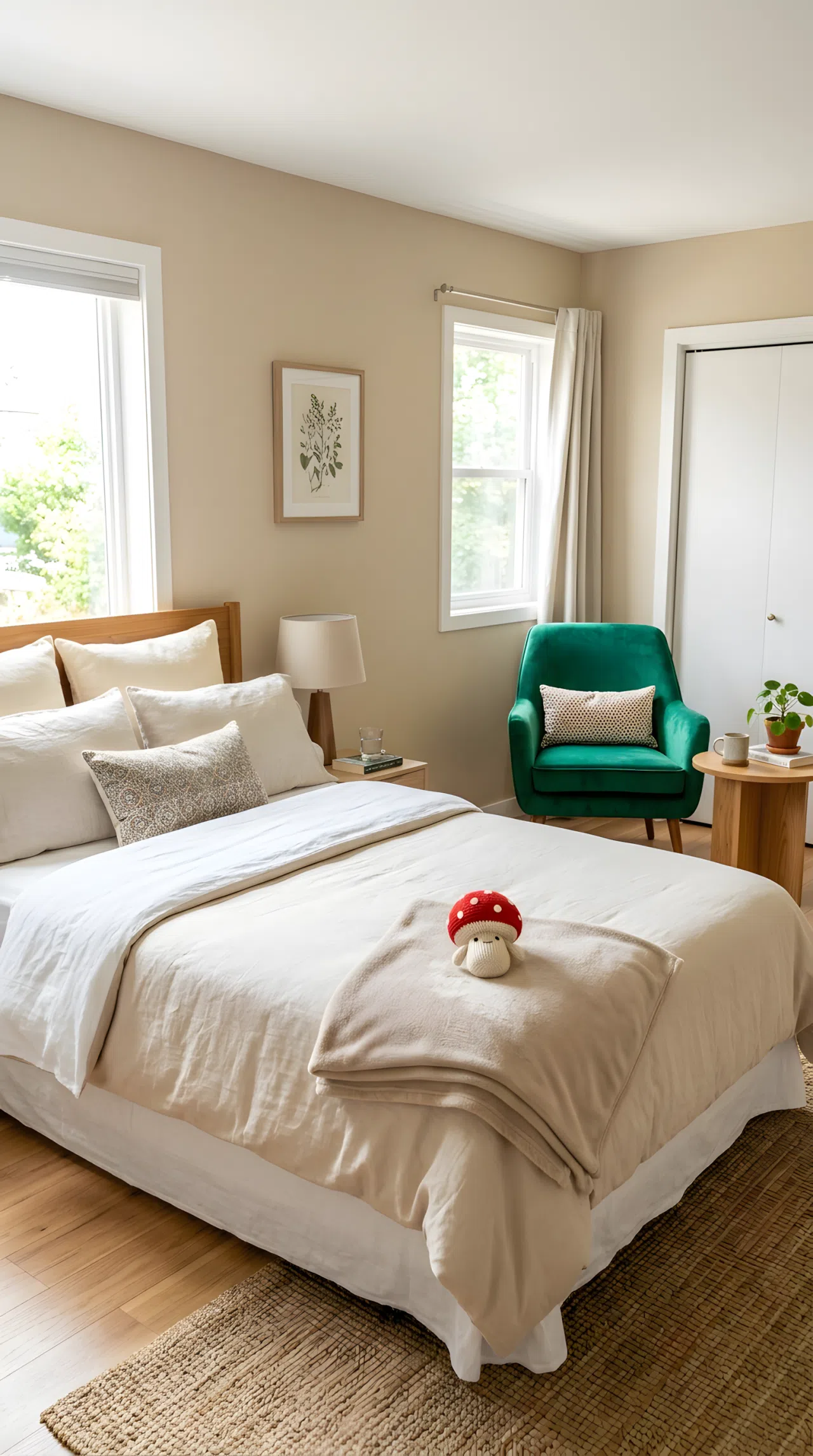 A real-life photograph of a bedroom with neutral warm beige walls (RGB 224, 209, 189) and a vibrant emerald green velvet accent chair (RGB 0, 128, 96), a neatly made bed with a small red mushroom toy on the folded blanket, bright natural light, clean and organized, shot in real stock photography style, no people, no text overlays.