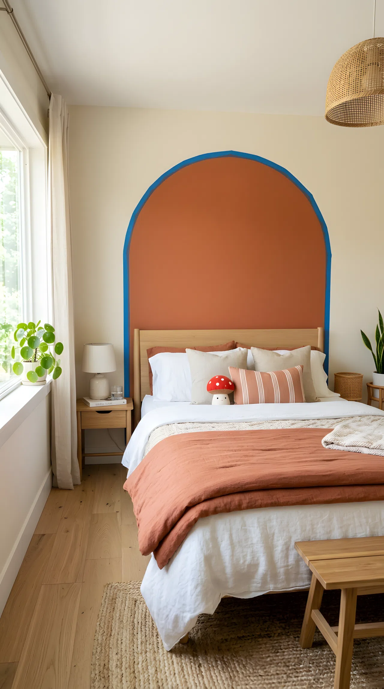A real-life photograph of a bedroom with a painted terracotta arch (RGB 204, 106, 78) behind the bed against a cream wall (RGB 245, 240, 225), a neatly made bed with a small red mushroom toy on the pillow, painter's tape lines still visible on the crisp arch edge, bright natural light, organized and beautifully arranged, shot in real stock photography style, no people, no text overlays.