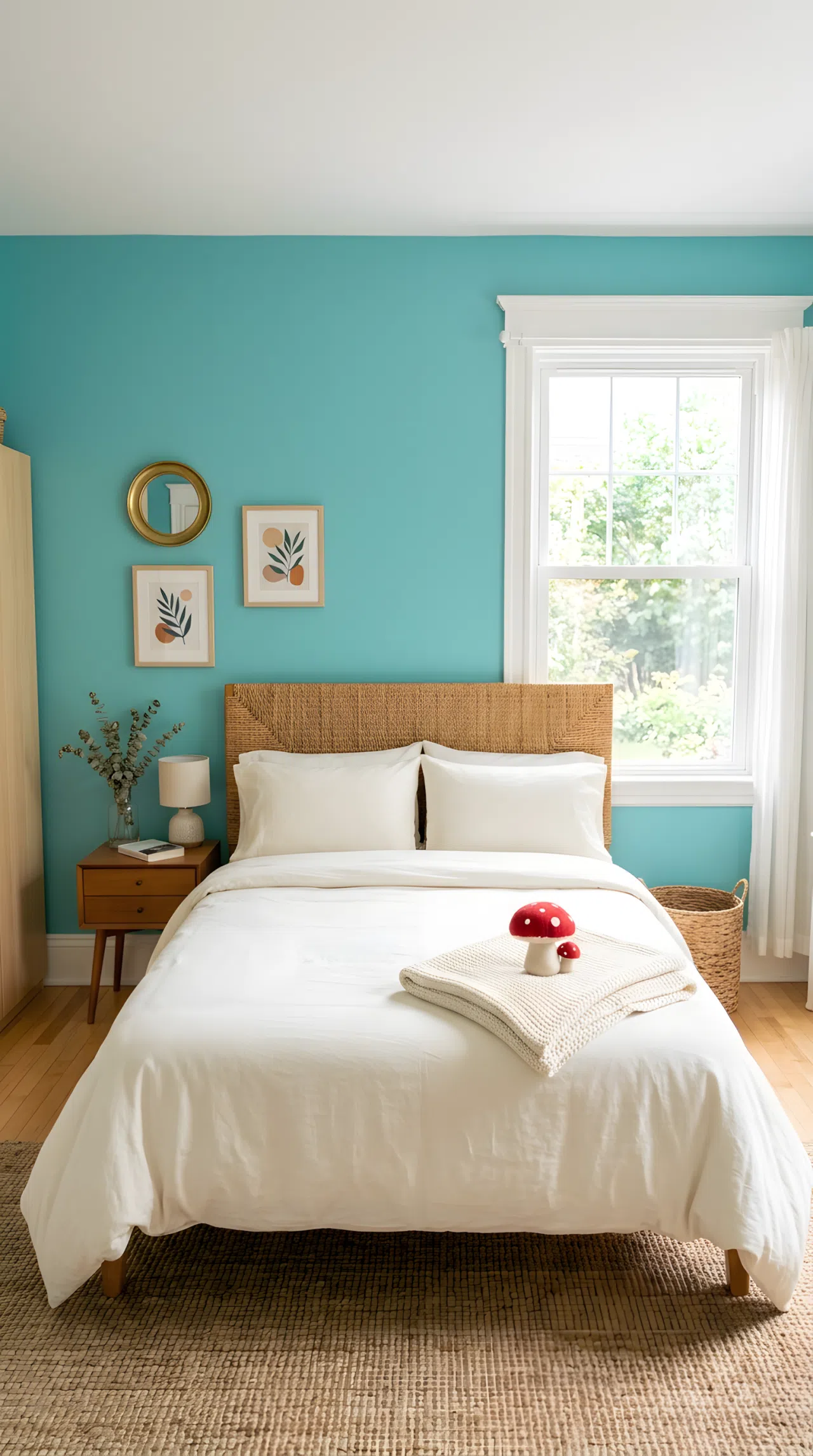 A real-life photograph of a bedroom with a turquoise accent wall (RGB 64, 190, 190) and ivory bedding and trim (RGB 250, 245, 230), a neatly made bed with a small red mushroom toy on the folded throw, woven rattan headboard, bright natural light, clean and organized, shot in real stock photography style, no people, no text overlays.