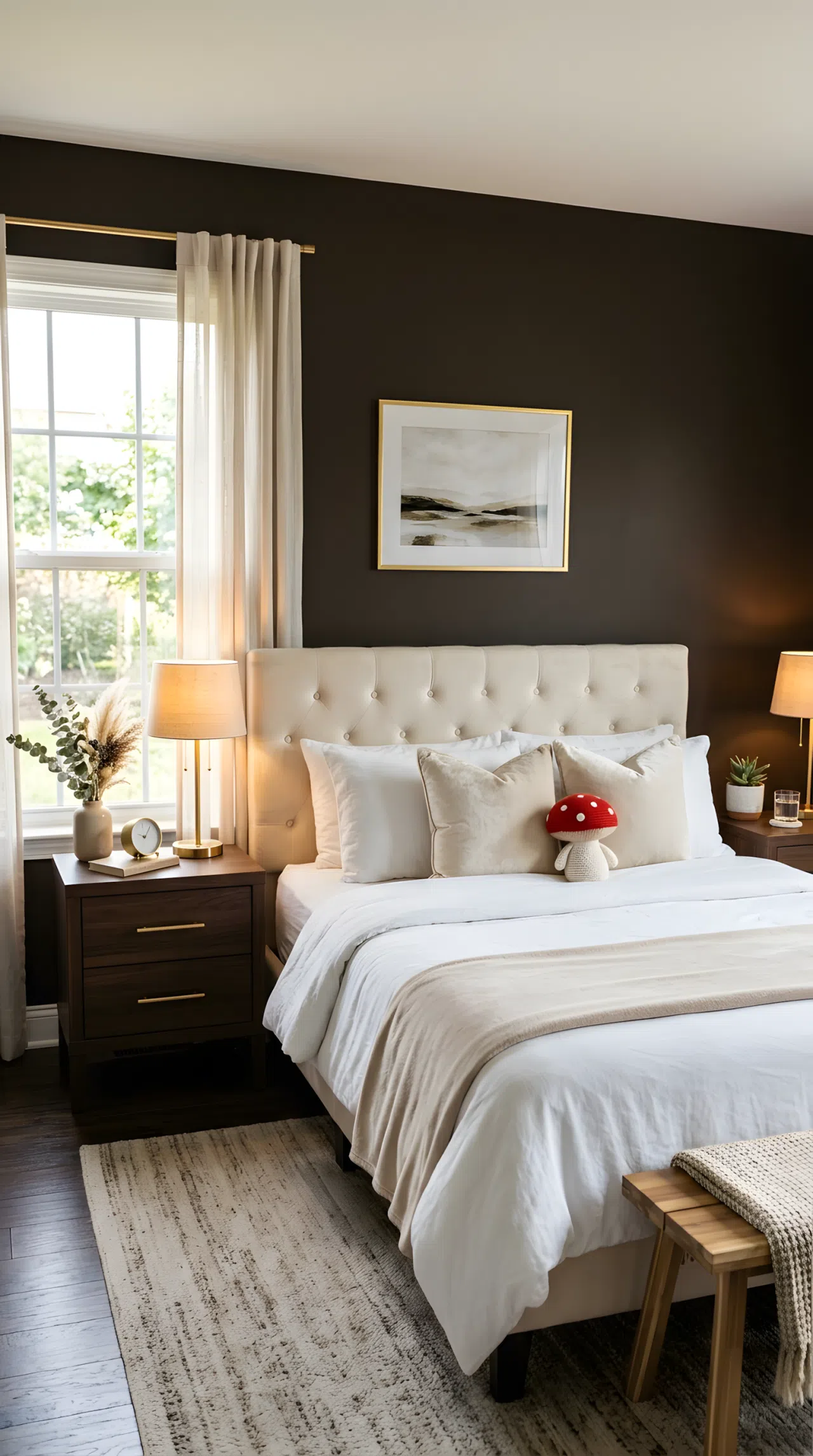 A real-life photograph of a bedroom with deep espresso brown walls (RGB 61, 43, 31), gold accent hardware, cream velvet tufted headboard, a neatly made bed with a small red mushroom toy on the pillow, warm layered lighting, bright natural light from a side window, beautifully arranged and organized, shot in real stock photography style, no people, no text overlays.