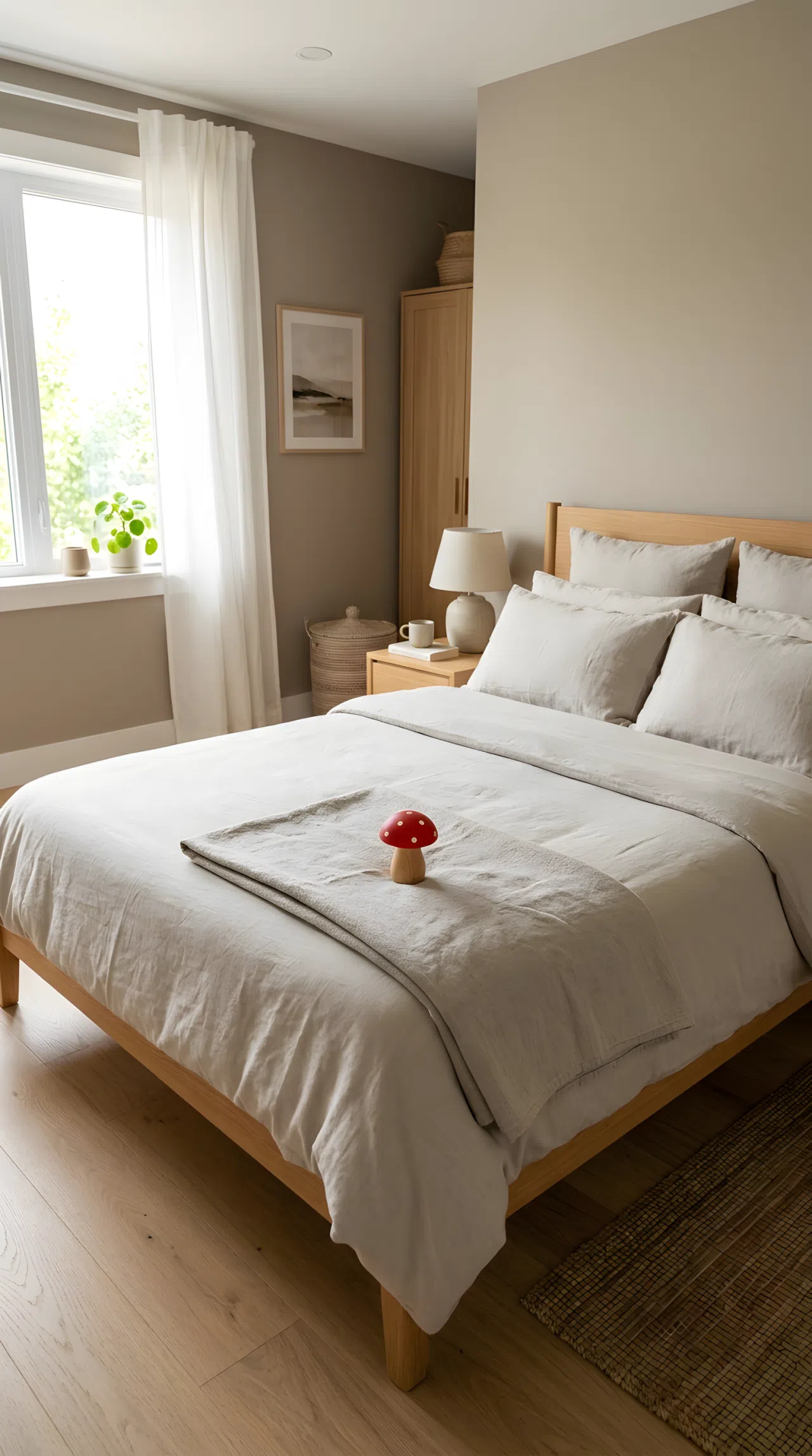A real-life photograph of a bedroom with warm greige walls (RGB 180, 166, 150), a neatly made bed with layered linen bedding in a slightly lighter greige tone, a small red mushroom toy on the folded throw, minimalist wooden furniture, bright natural light, clean and organized, shot in real stock photography style, no people, no text overlays.