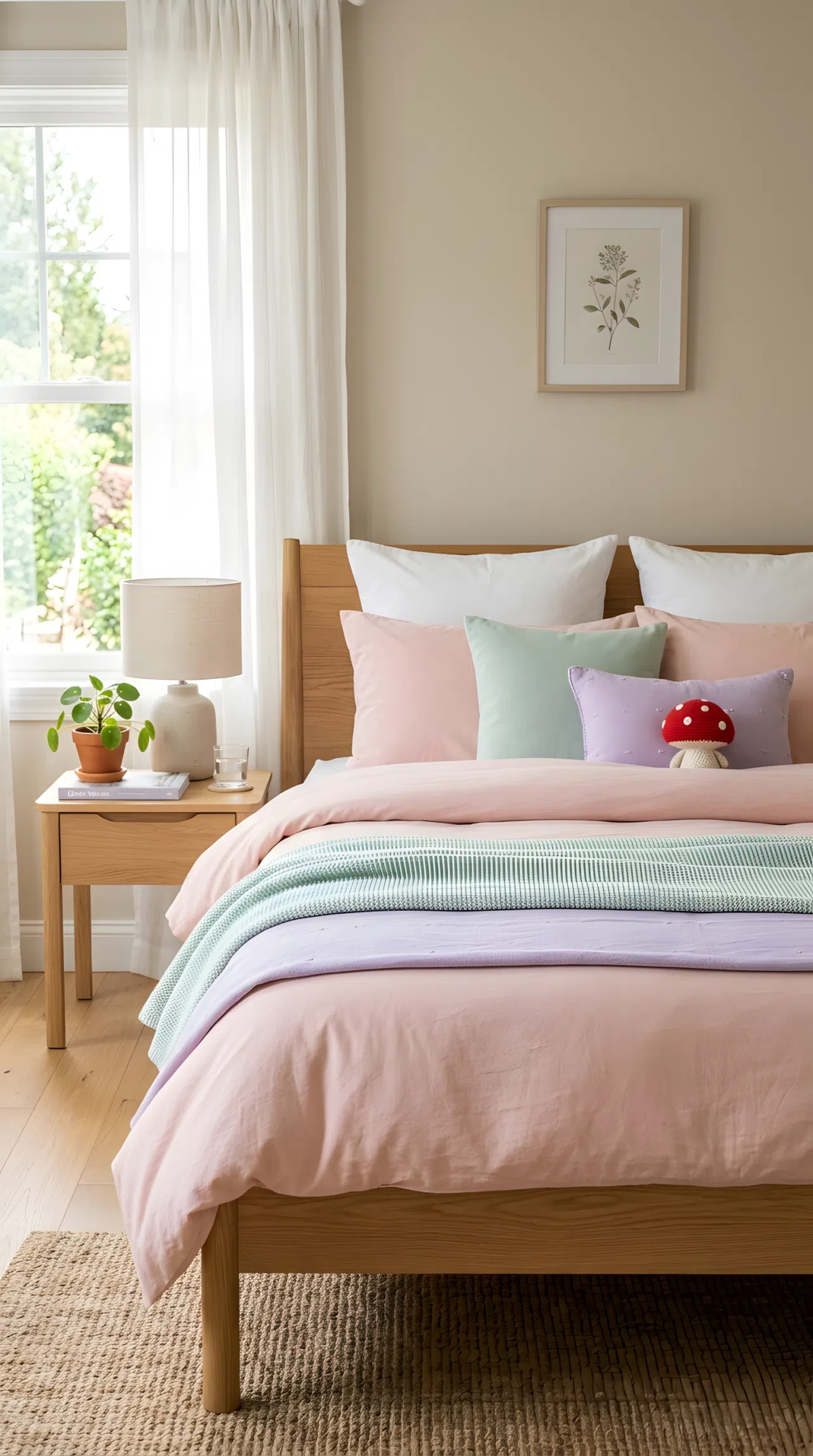 A real-life photograph of a bedroom with soft neutral walls, layered pastel bedding in blush (RGB 244, 194, 194), mint (RGB 180, 224, 200), and lilac (RGB 200, 182, 224), a small red mushroom toy resting among the pillows, bright natural light, beautifully arranged and organized, shot in real stock photography style, no people, no text overlays.