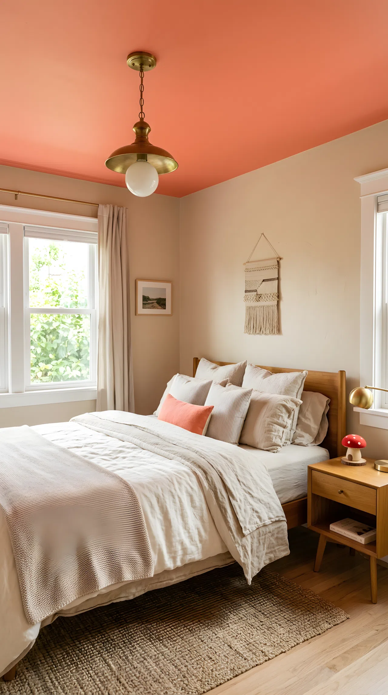 A real-life photograph of a bedroom with a coral painted ceiling (RGB 255, 127, 105) above warm oatmeal walls (RGB 224, 209, 189), neatly made bed with layered linen bedding and a small red mushroom toy on the nightstand, brass pendant light, bright natural light, clean and organized styling, shot in real stock photography style, no people, no text overlays.