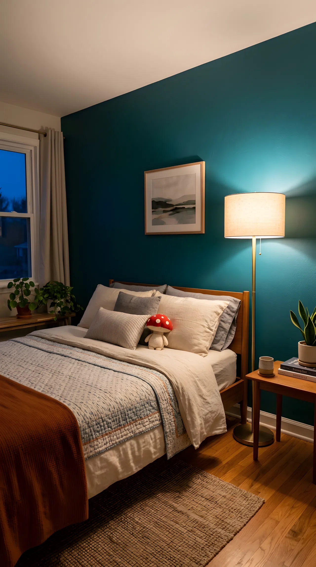 A real-life photograph of a bedroom with a richly colored deep teal wall (RGB 12, 78, 84), a warm-toned floor lamp positioned close to the wall casting an upward glow, a neatly made bed with a small red mushroom toy on the pillow, evening ambient lighting emphasizing the wall's depth, clean and organized, shot in real stock photography style, no people, no text overlays.