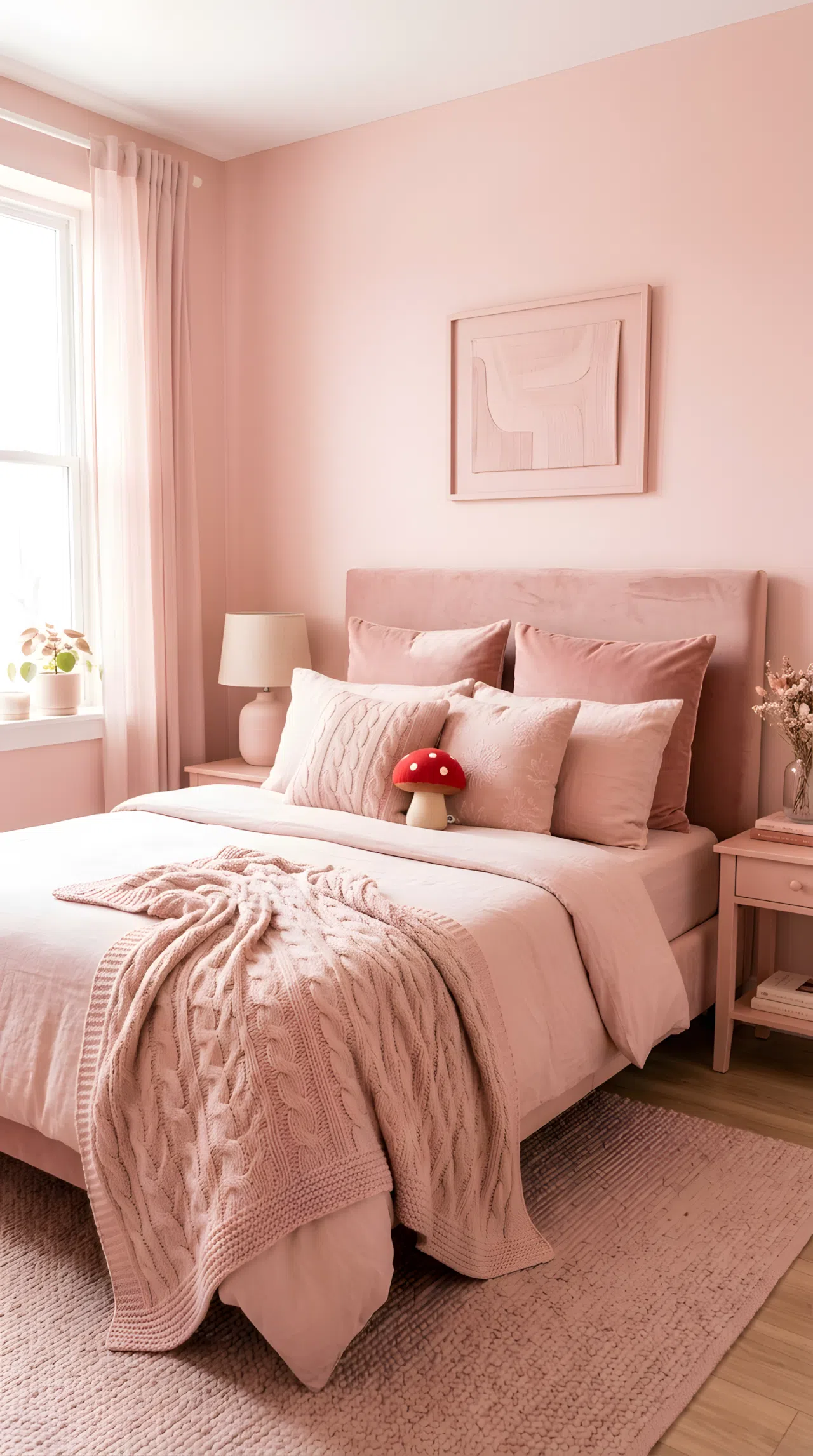 A real-life photograph of a monochrome blush pink bedroom (RGB 244, 194, 194) with layered textured pillows, velvet headboard, beautifully arranged knit throw, a small red mushroom toy tucked among the pillows, bright natural light, neatly made and organized, shot in real stock photography style, no people, no text overlays.
