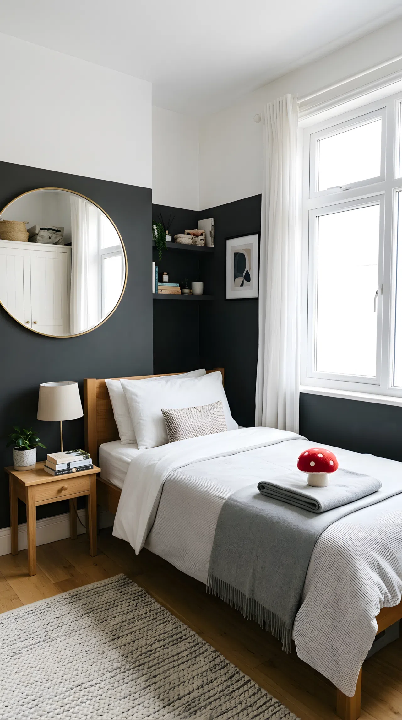 A real-life photograph of a small bedroom with charcoal lower wall (RGB 54, 54, 54) and white upper wall, a neatly made bed with a small red mushroom toy on the folded blanket, a mirror reflecting bright natural light from a nearby window, clean and organized, shot in real stock photography style, no people, no text overlays.