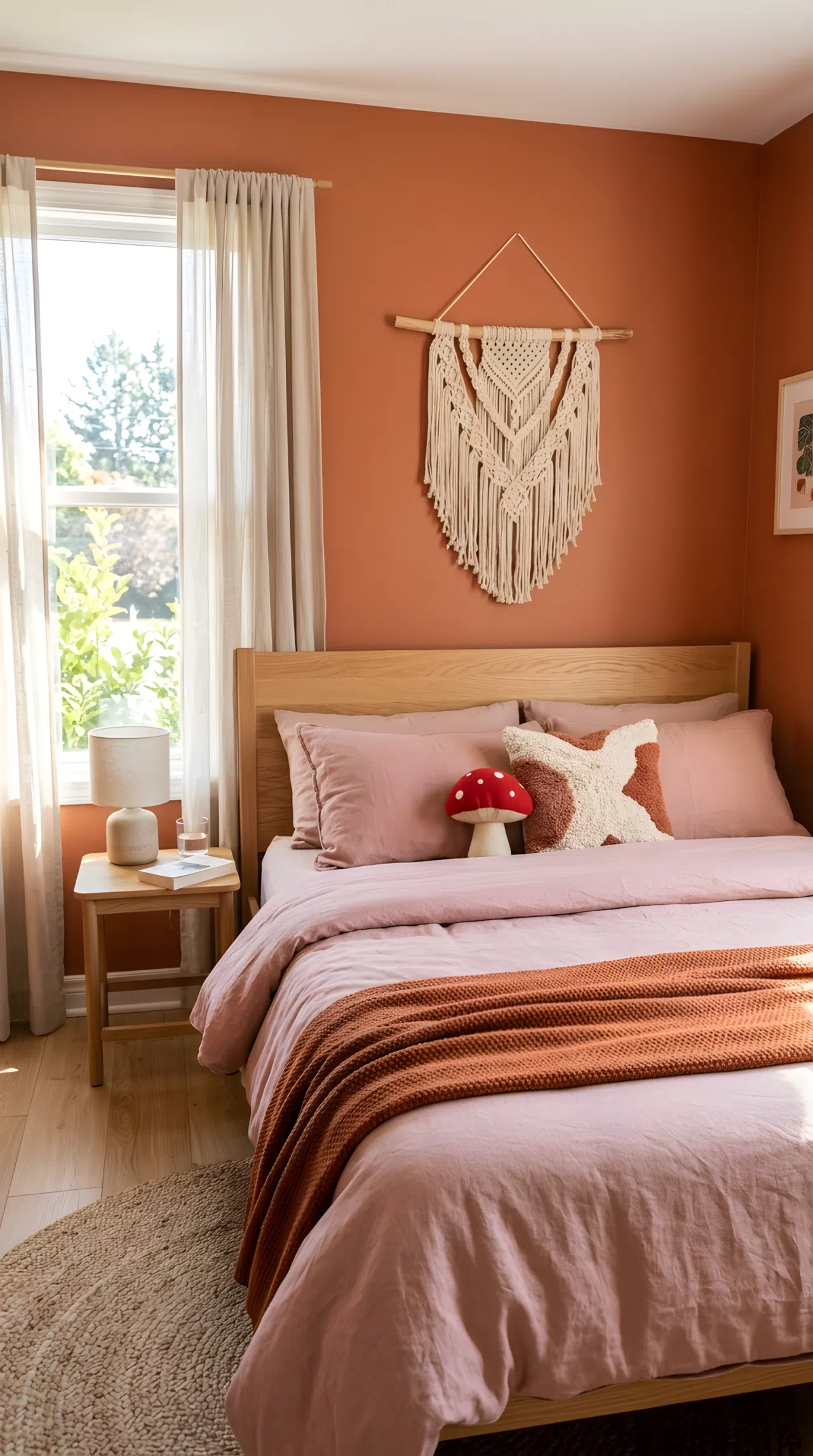 A real-life photograph of a bedroom with terracotta walls (RGB 204, 106, 78) and dusty pink bedding (RGB 217, 168, 175), a small red mushroom toy resting near the pillows, woven wall hanging, bright natural light, neatly made and beautifully arranged, shot in real stock photography style, no people, no text overlays.