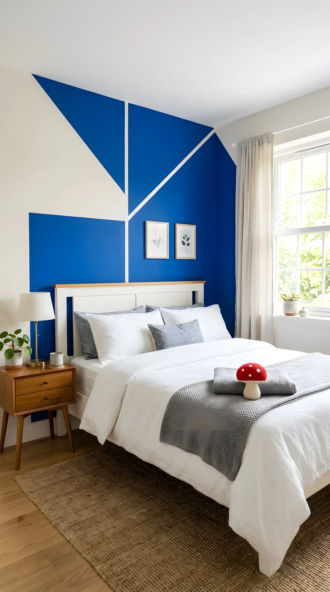 A real-life photograph of a bedroom with a geometric cobalt blue color-blocked wall (RGB 0, 71, 171) behind a white headboard, a neatly made bed with a small red mushroom toy on the folded throw, painter's tape lines still crisp, bright natural light, clean and organized, shot in real stock photography style, no people, no text overlays.