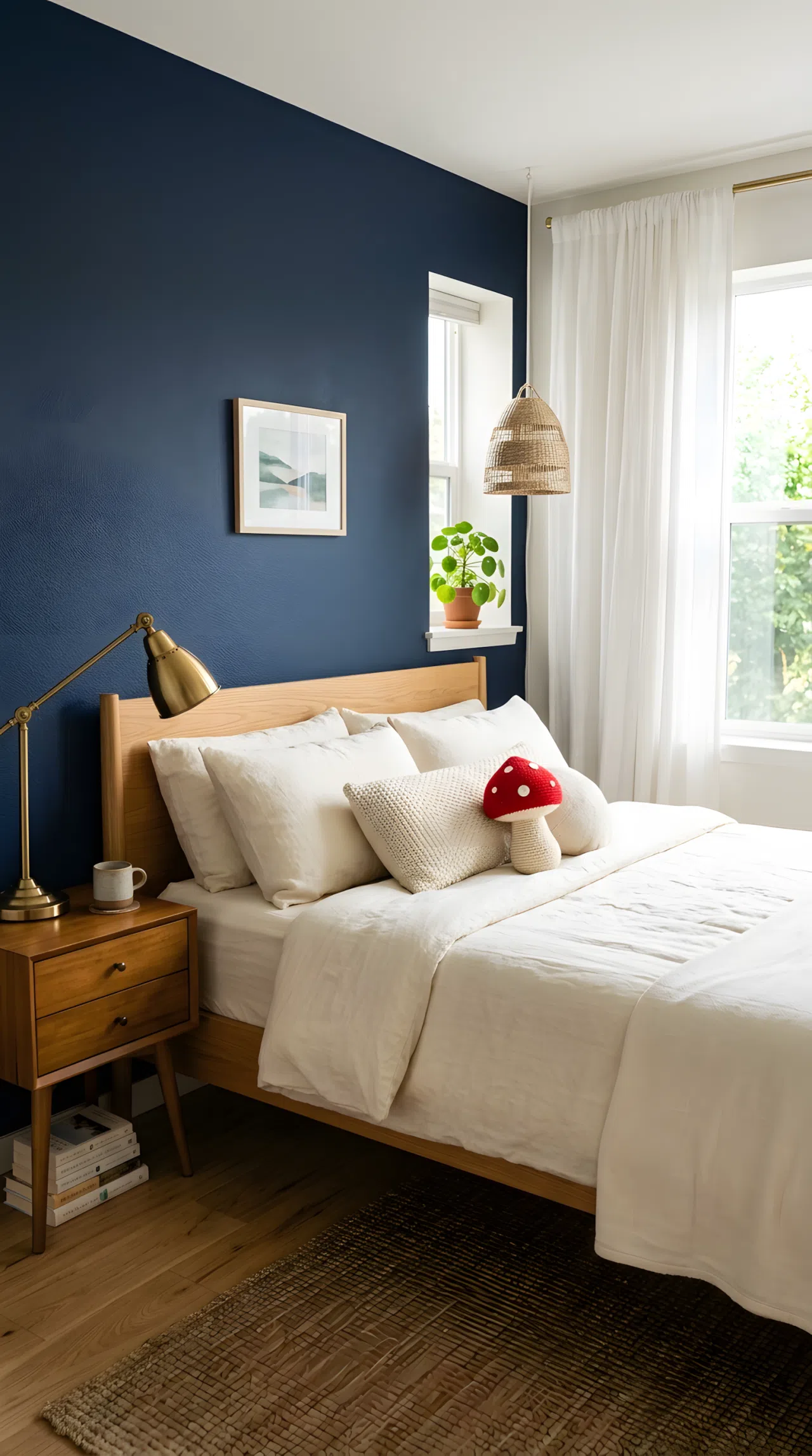 A real-life photograph of a bedroom with a navy accent wall (RGB 28, 39, 76) and cream bedding (RGB 245, 240, 225), a small red mushroom toy resting on a cream throw pillow, brass reading lamp, bright natural light, beautifully arranged and organized, shot in real stock photography style, no people, no text overlays.