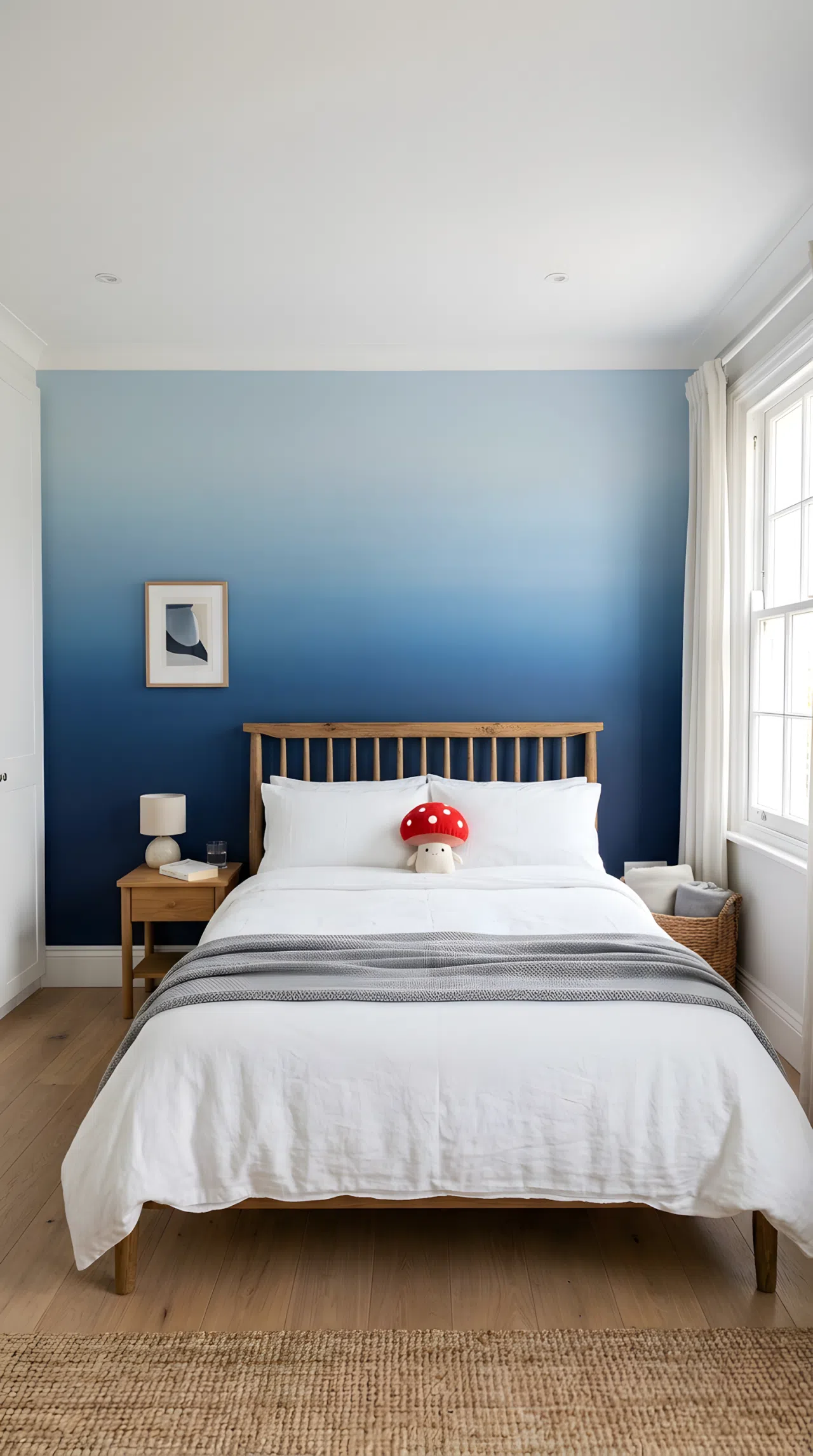 A real-life photograph of a bedroom with an ombré gradient wall transitioning from deep navy (RGB 28, 39, 76) at the base to powder blue (RGB 176, 210, 227) near the ceiling, a neatly made bed with a small red mushroom toy on the pillow, wooden headboard, bright natural light, clean and organized, shot in real stock photography style, no people, no text overlays.