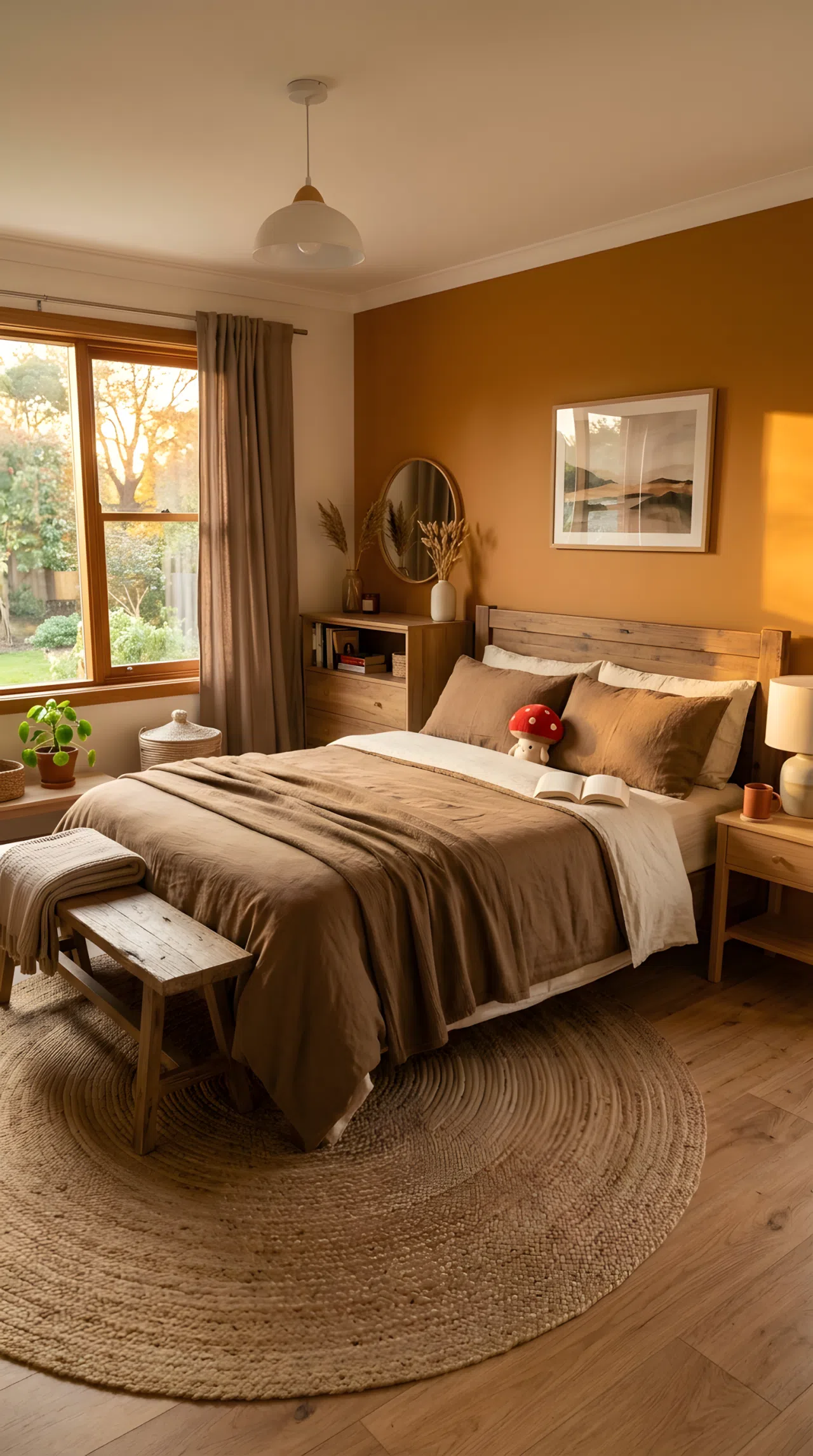 A real-life photograph of a bedroom with ochre walls (RGB 204, 119, 34) and raw umber textiles (RGB 130, 102, 68), jute rug, linen bedding neatly made, a small red mushroom toy tucked near the headboard, warm golden hour natural light streaming through a west-facing window, beautifully arranged and organized, shot in real stock photography style, no people, no text overlays.