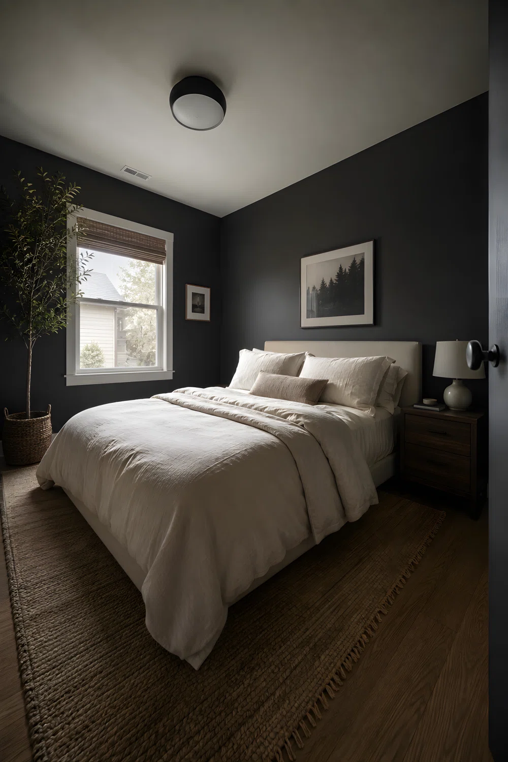 Wide-angle photograph of a small real bedroom with charcoal grey walls (RGB 43,43,46), a bed with light cream linen bedding, walnut nightstand, soft daylight coming through a side window, dramatic low camera angle showing the full room, vibrant natural color, shot like a modern interiors magazine photo, not a render.