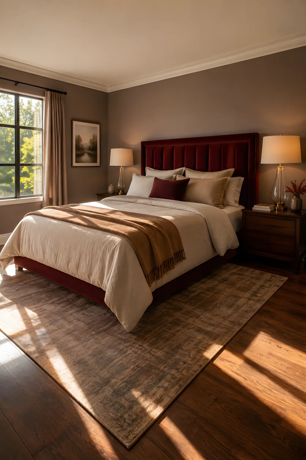 Wide-angle real bedroom photo, burgundy velvet headboard (RGB 92,26,32), taupe walls, camel throw blanket folded at the foot of the bed, dark walnut nightstand, warm afternoon sunlight streaming across the floor, dramatic wide camera angle capturing the whole room, rich vibrant color, stock-photo style.
