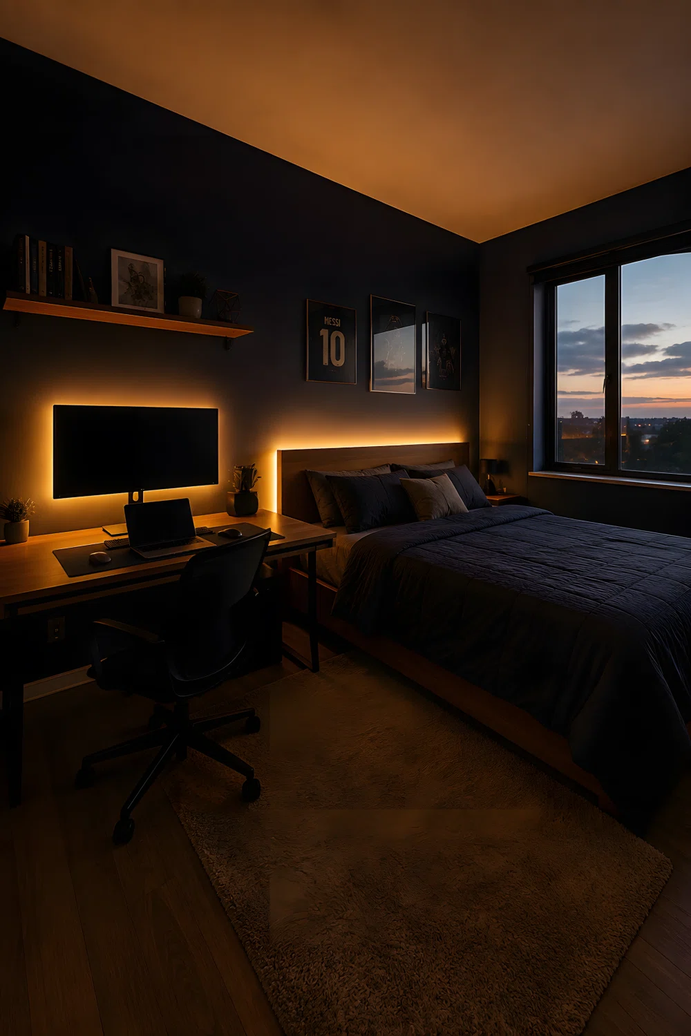 Wide-angle real bedroom photo at dusk, warm amber backlight bar positioned behind a desk monitor and behind the headboard, light source clearly visible glowing along the wall edge, dark navy walls, desk with a laptop, dramatic side camera angle showing the full setup, vibrant warm color contrast against the dark room, photographic not illustrated.