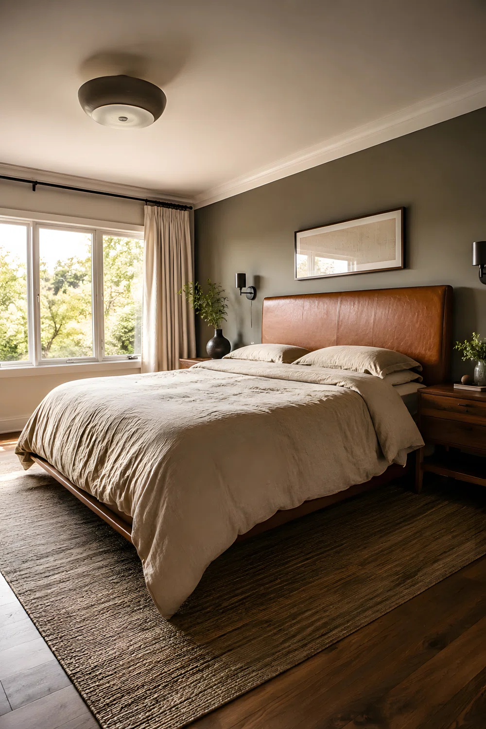 Wide-angle photograph of a real bedroom, cognac brown leather headboard with visible grain texture, heavy oatmeal linen duvet with natural wrinkles, wood floor, bright natural light from a large window, dramatic low wide camera angle showing the whole room, vibrant realistic color, shot like a high-end interiors stock photo.