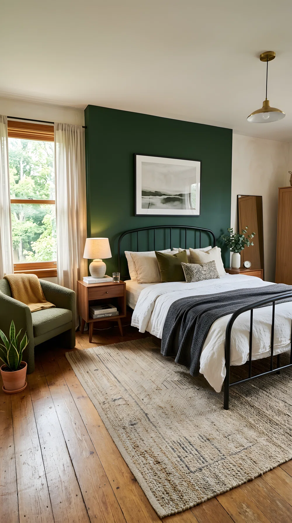 Wide-angle real bedroom photograph, deep forest green accent wall (RGB 34,51,34), black metal bed frame, warm walnut side table, natural daylight from a window, dramatic wide camera angle capturing the full room, vibrant realistic color, shot like an editorial interiors photo, not a render.
