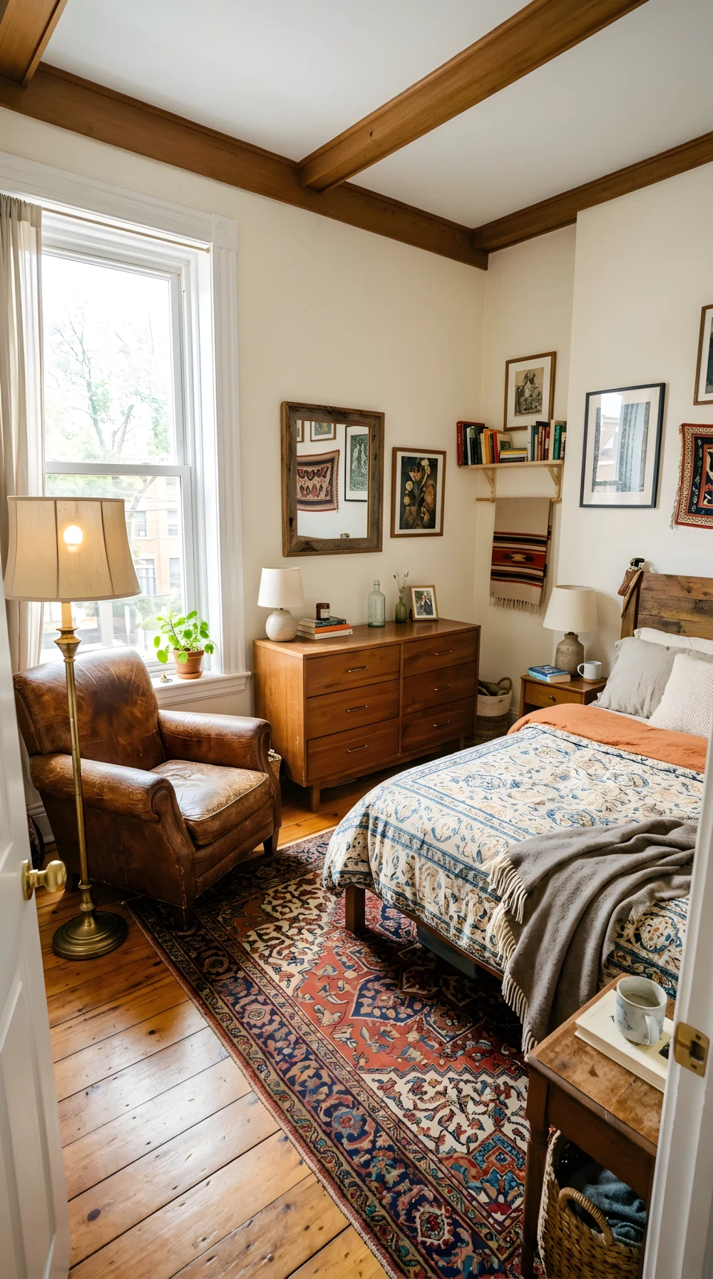 Wide-angle real bedroom photo, worn brown leather armchair in the corner, vintage brass floor lamp beside it, solid wood dresser with visible grain and small dents, mismatched but warm furniture styles, bright natural window light, dramatic wide camera angle showing full room, vibrant true-to-life color, stock photography style.
