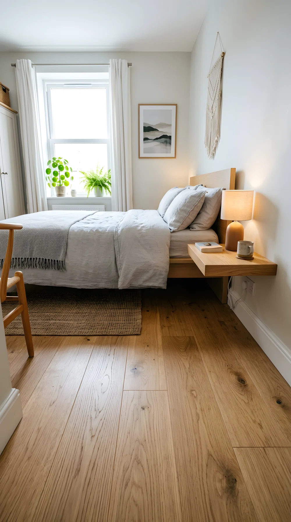 Wide-angle photograph of a compact real bedroom, thin floating wood nightstand shelf mounted beside the bed with a small lamp on top, floor fully visible and open beneath it, light grey bedding, bright natural side light, dramatic low camera angle showing full room, vibrant realistic tones, photographic not illustrated.