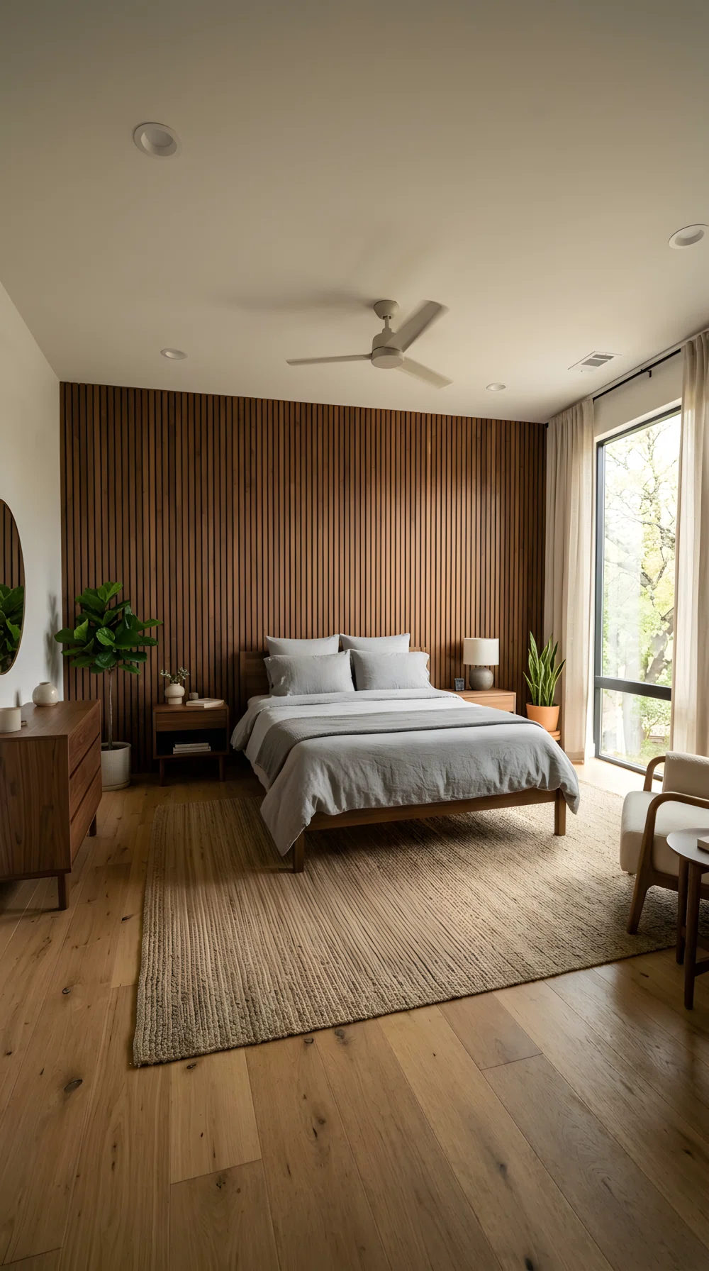 Wide-angle real bedroom photograph, vertical warm walnut slat wood panel wall behind the bed, neutral grey bedding, no additional wall art, soft daylight from a side window highlighting the slat texture, dramatic wide camera angle showing the full room, vibrant natural wood tones, realistic photography style.