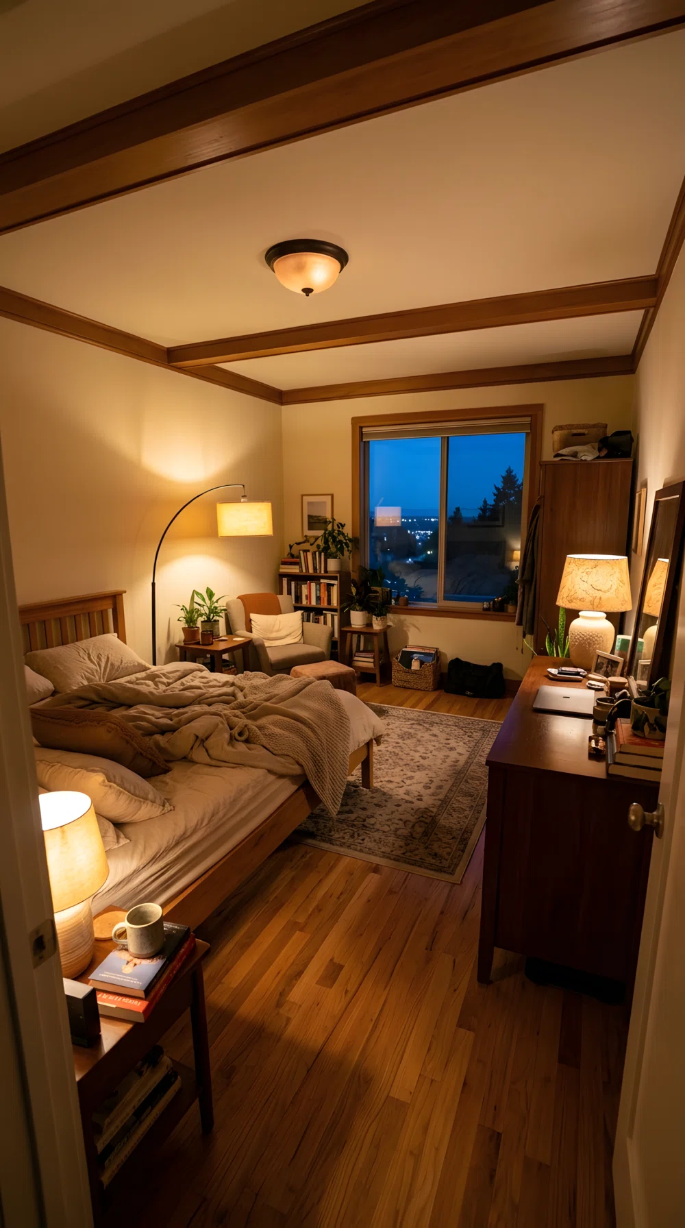 Wide-angle real bedroom photo at evening, warm floor lamp glowing in one corner, small table lamp lit on a dresser, dim ceiling light overhead, layered soft warm light sources visible at different heights across the room, dramatic wide camera angle, vibrant warm color contrast against dusk light, photographic realistic style.