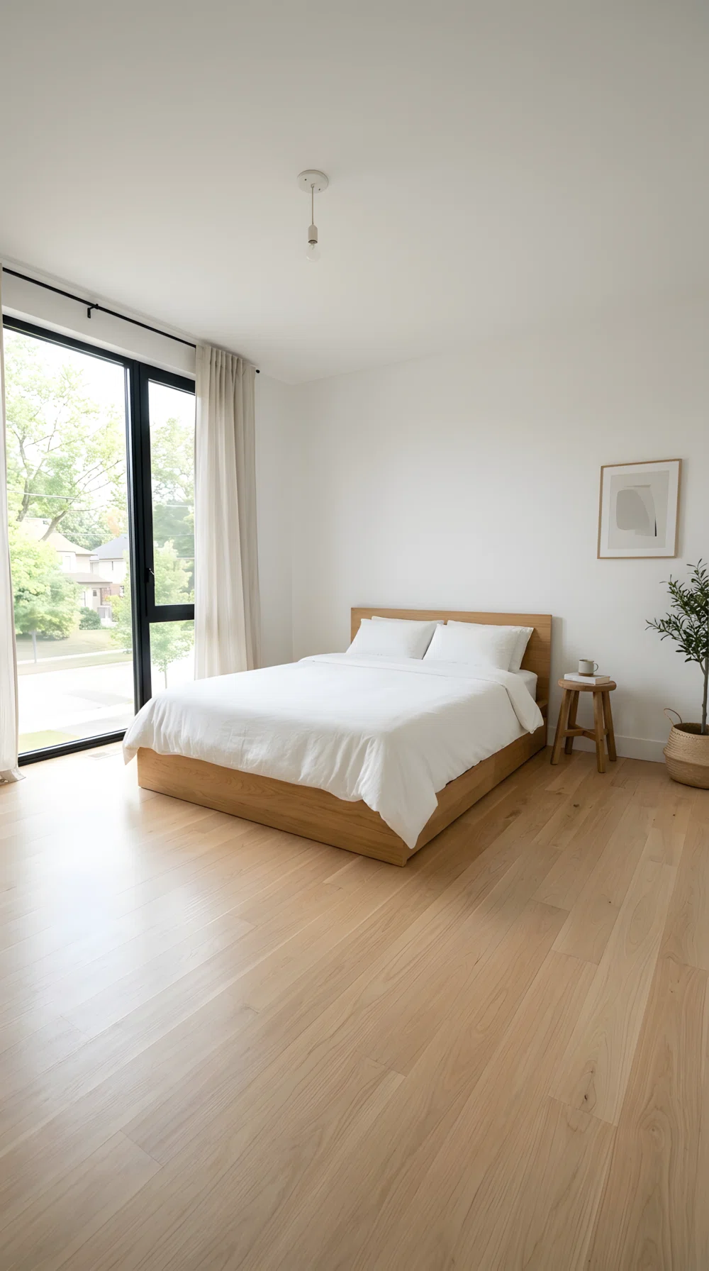 Wide-angle real bedroom photograph, minimalist low bed frame, plain white bedding, one wood stool beside the bed, clear uncluttered floor, bright natural light from a large window, dramatic wide camera angle showing the whole calm room, vibrant clean color, realistic photography style not a render.