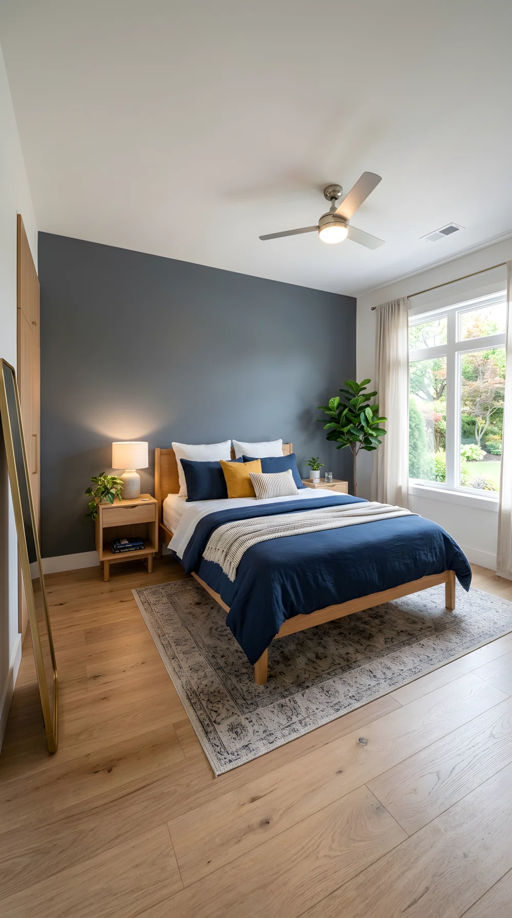 Wide-angle real bedroom photo, slate grey wall (RGB 74,78,82), navy blue duvet cover (RGB 27,42,68), light wood floor, soft daylight from a side window, dramatic wide camera angle capturing the full room, vibrant true color contrast, shot like a modern interiors stock photograph.