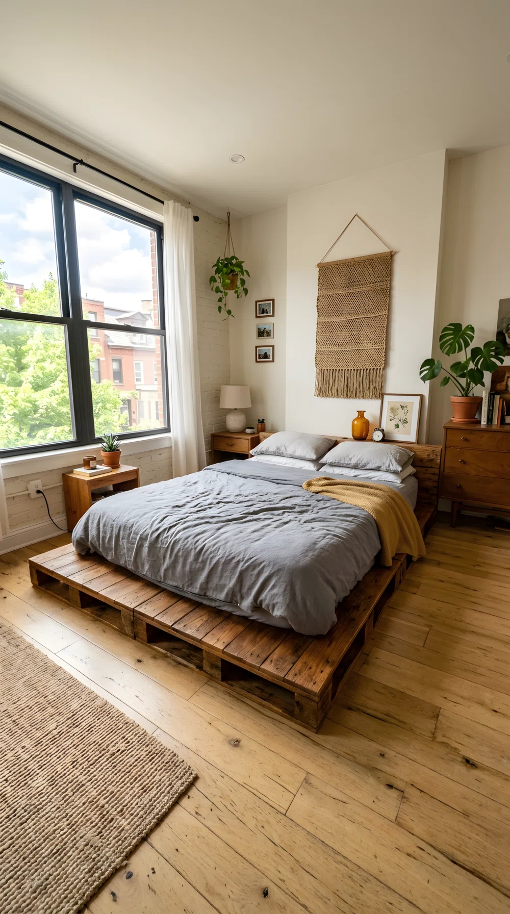 Wide-angle real bedroom photograph, low DIY pallet wood bed platform with visible raw wood grain and stain, simple grey bedding on top, concrete or light wood floor, bright natural window light, dramatic wide camera angle showing the full room, vibrant warm wood tones, realistic photography not illustration.