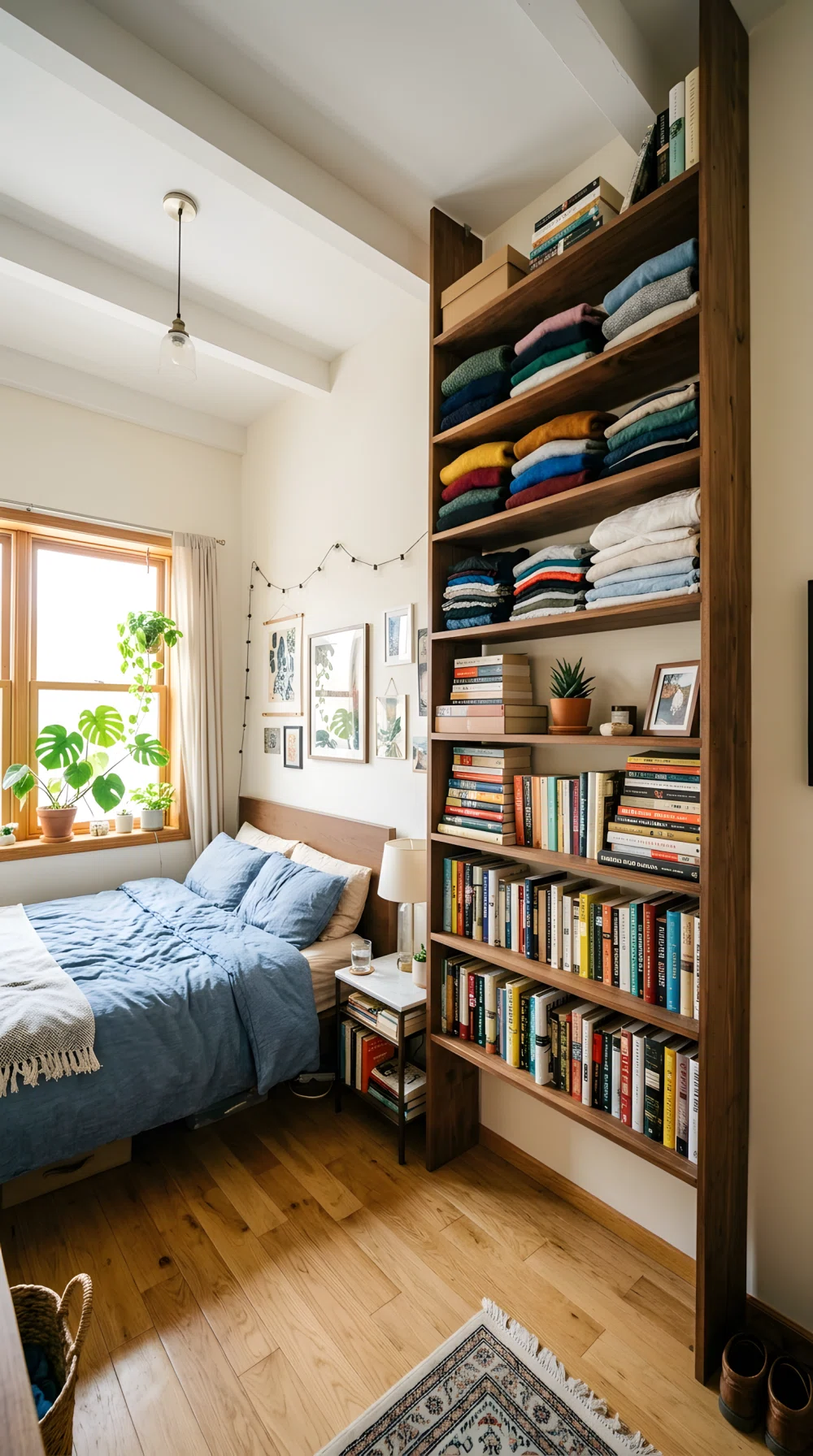 Wide-angle photograph of a compact real bedroom, tall narrow wood shelving unit reaching near the ceiling in the corner, folded clothes and books organized on the shelves, floor space open beneath, bright natural side light, dramatic wide camera angle showing full room height, vibrant realistic tones, photographic style.