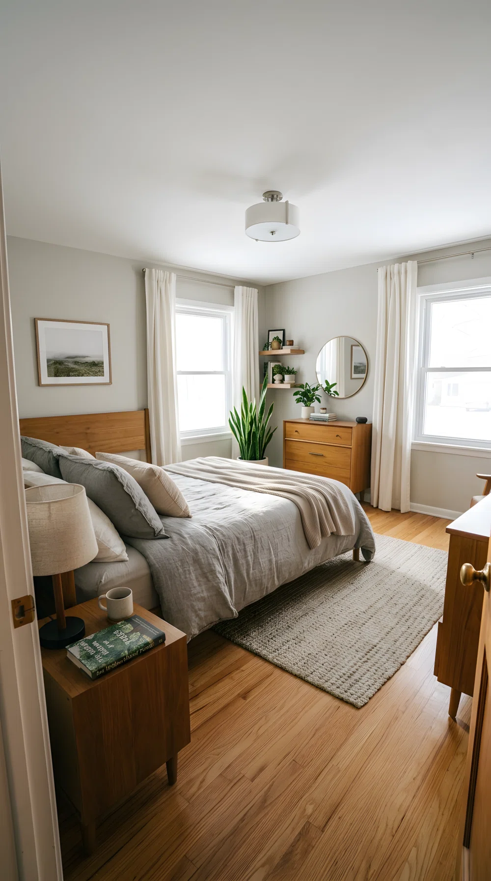 Wide-angle real bedroom photo, tall snake plant in a simple ceramic pot placed in the corner near the bed, neutral grey bedding, warm wood furniture, bright natural window light hitting the plant leaves, dramatic wide camera angle showing the full room, vibrant green against neutral tones, realistic photography style.