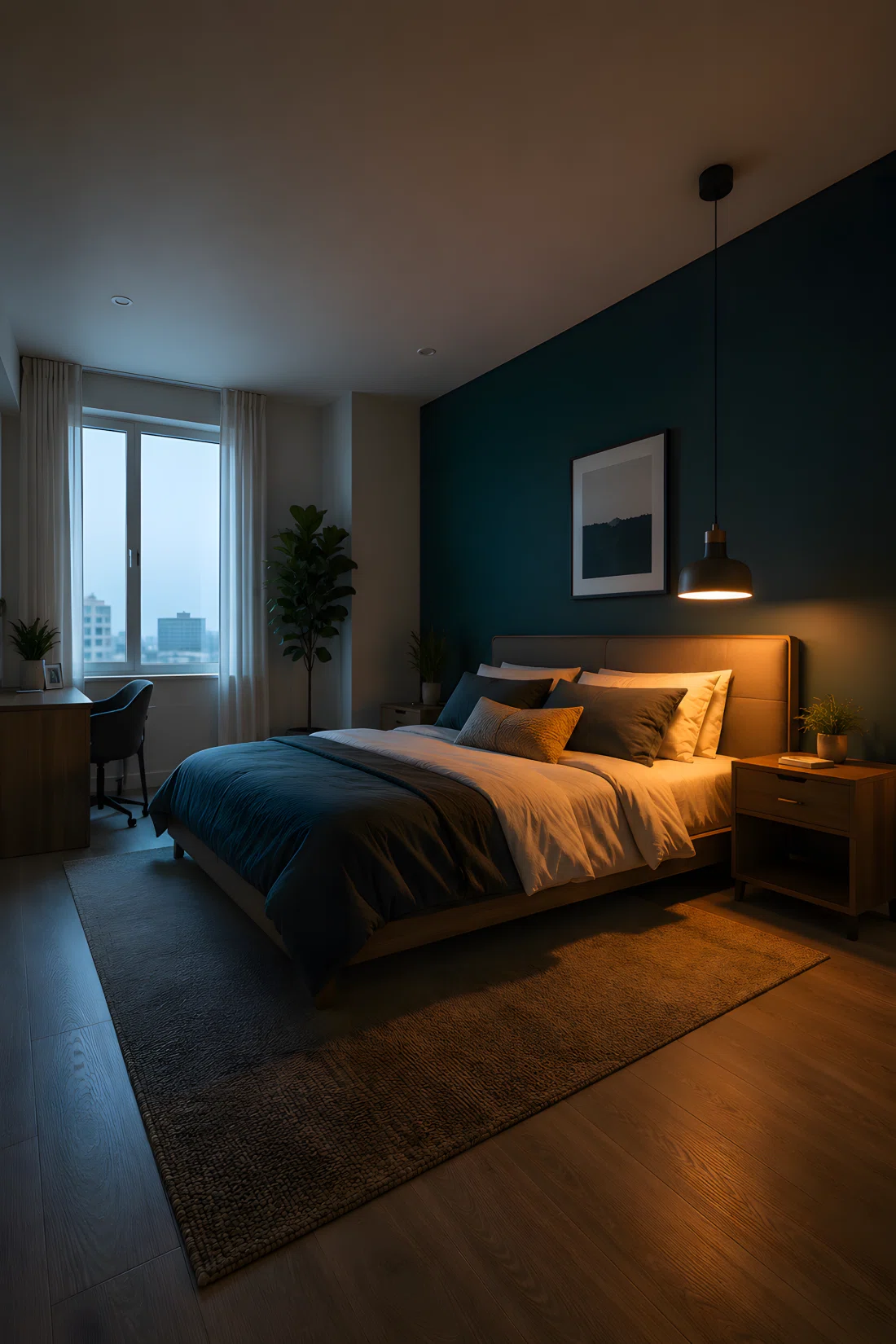A wide-angle photograph of a modern bedroom at dusk, smart pendant lamp hanging low above the bed casting a warm amber circadian glow downward onto the pillows while cool blue-white morning light spills in from a window on the left, creating two distinct light zones across the room, sculptural pendant fixture with matte black cord, vibrant deep teal accent wall, dramatic low camera angle capturing the full room depth, photographic realism, stock photo style.
