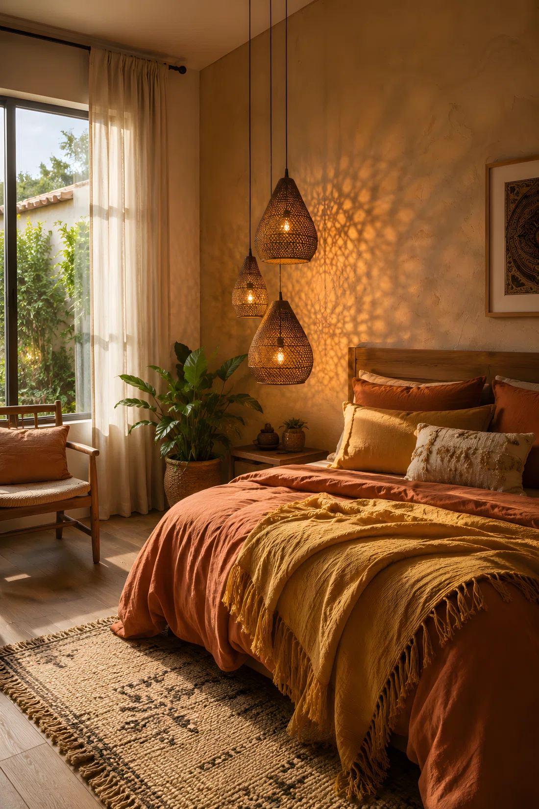 A wide-angle real-life photograph of a boho bedroom corner, three woven rattan pendant lamps hung at staggered heights beside the bed, warm bulbs casting dappled honey-colored shadow patterns across a textured plaster wall, vibrant terracotta and mustard bedding, natural bright light entering from a nearby window blending with the lamp glow, dramatic wide camera angle showing full room depth, photographic stock-image realism.