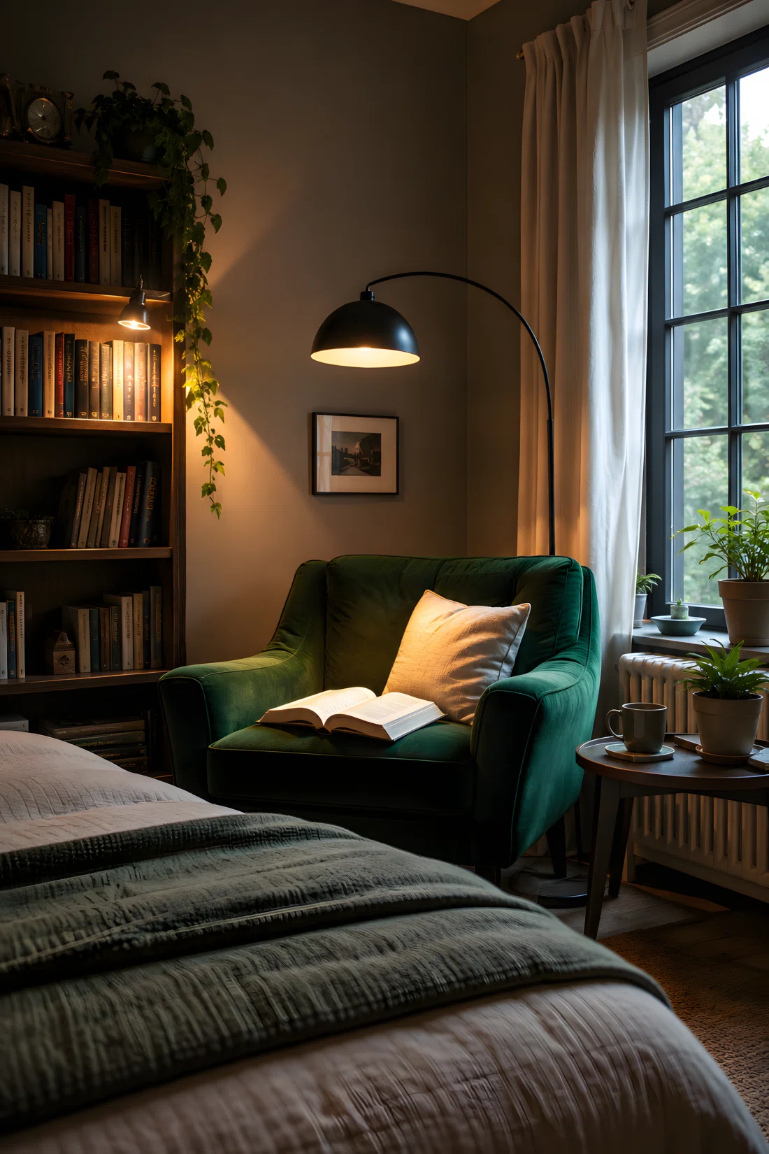 A wide-angle photograph of a cozy reading corner in a bedroom, a tall arc floor lamp positioned directly over an armchair casting a focused warm pool of light onto an open book, a small clip lamp attached to a nearby bookshelf illuminating the spines, soft ambient wall wash glowing behind, vibrant emerald green armchair fabric, bright natural daylight mixing with lamp glow near the window, dramatic low wide camera angle, photographic realism, stock photo style.